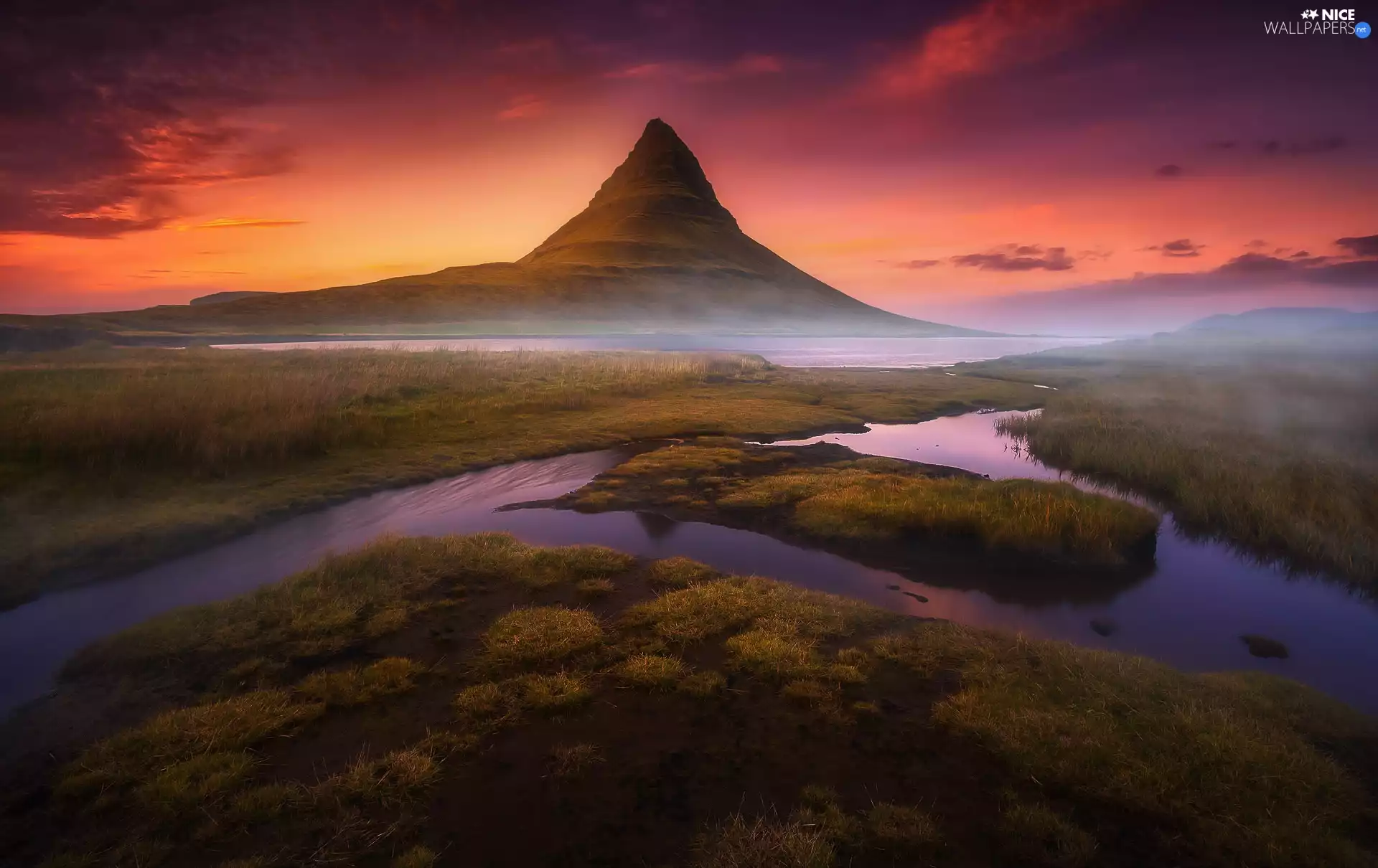 Kirkjufell Mountain, iceland, Fog, pool, Great Sunsets, Sn&aelig;fellsnes Peninsula