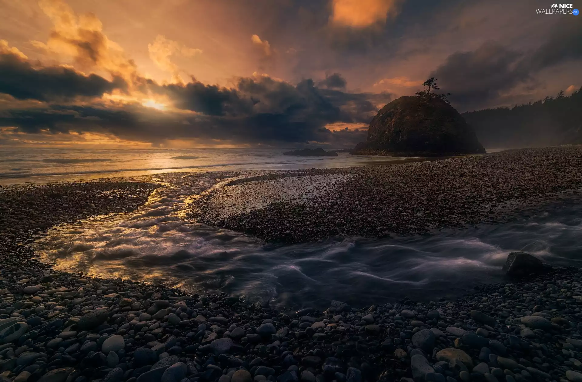 mountains, State of Oregon, sea, Great Sunsets, Coast, The United States, Pacific Ocean, trees, clouds, Stones