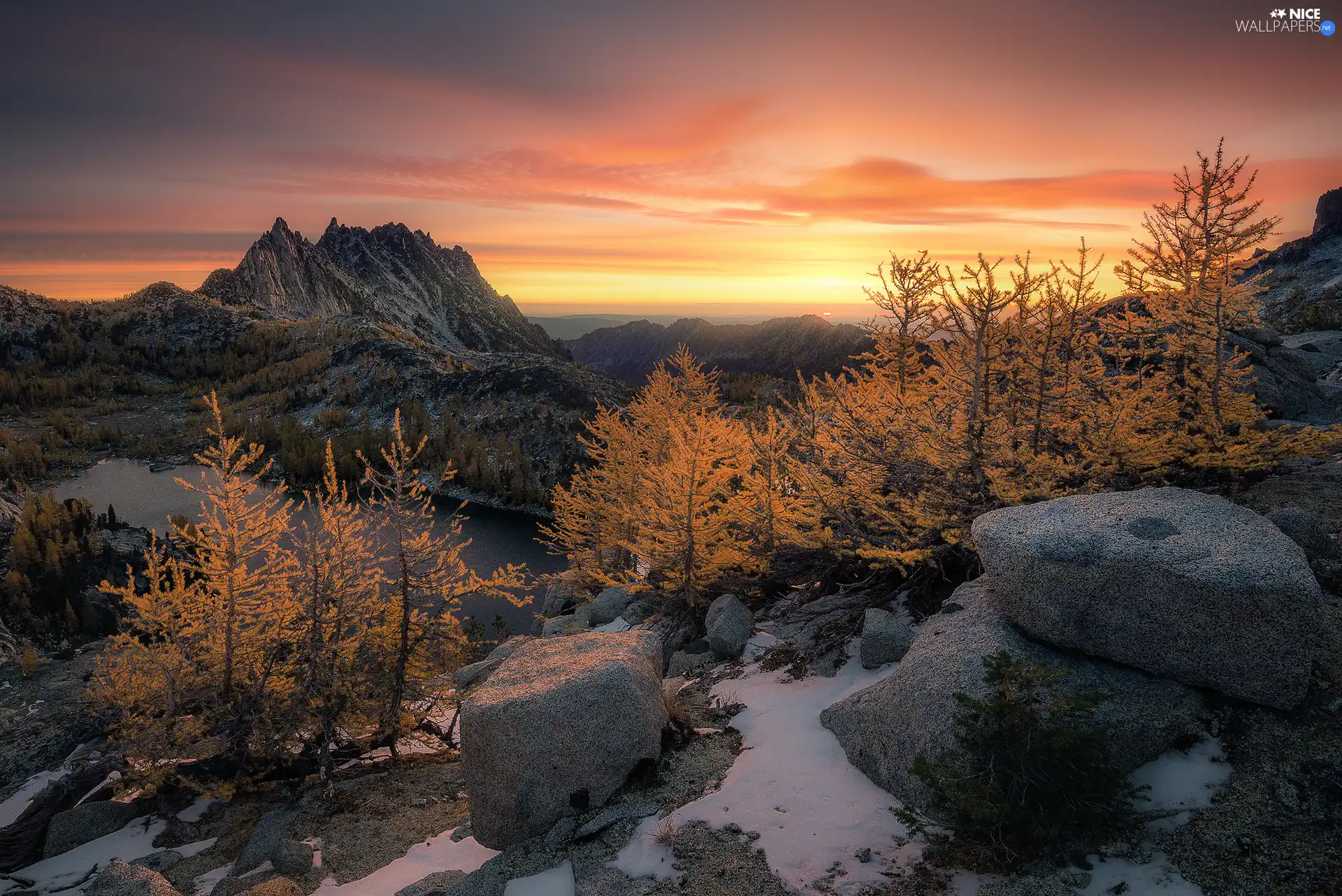 Stones, lake, viewes, rocks, Mountains, trees, Great Sunsets