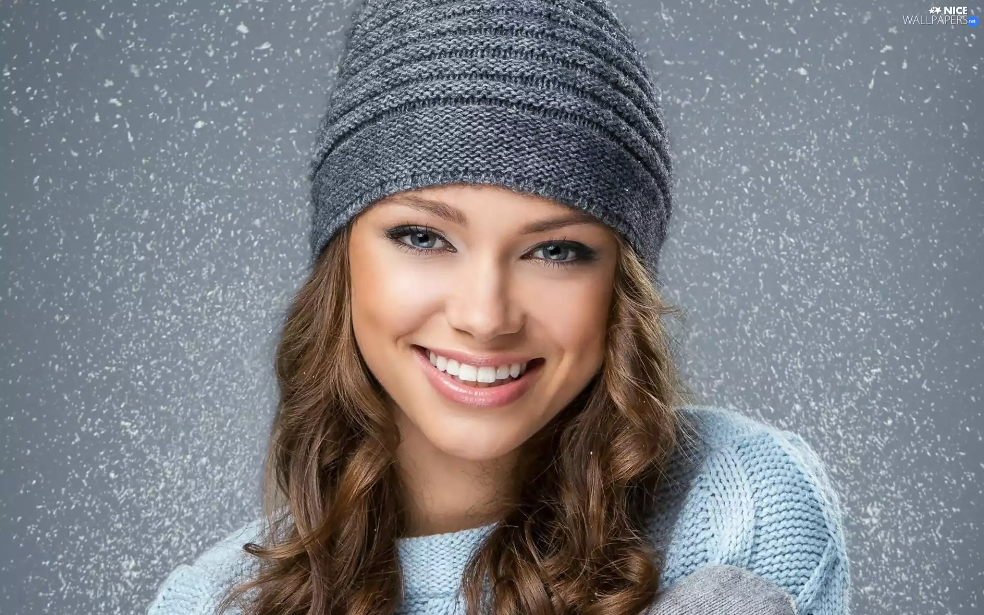 blue, sweater, Women, Hat, smiling