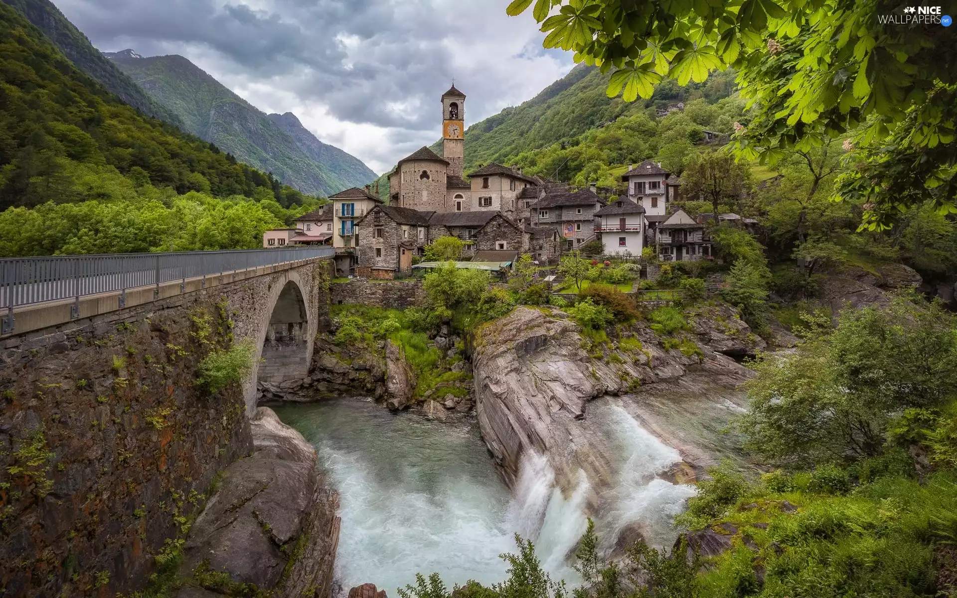 Verzasca River, bridge, viewes, Ticino Canton, Houses, Mountains, trees, Switzerland, Lavertezzo, rocks