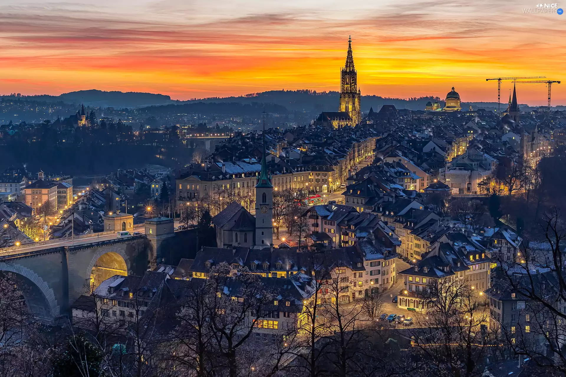 Church, Switzerland, evening, Houses, Bern