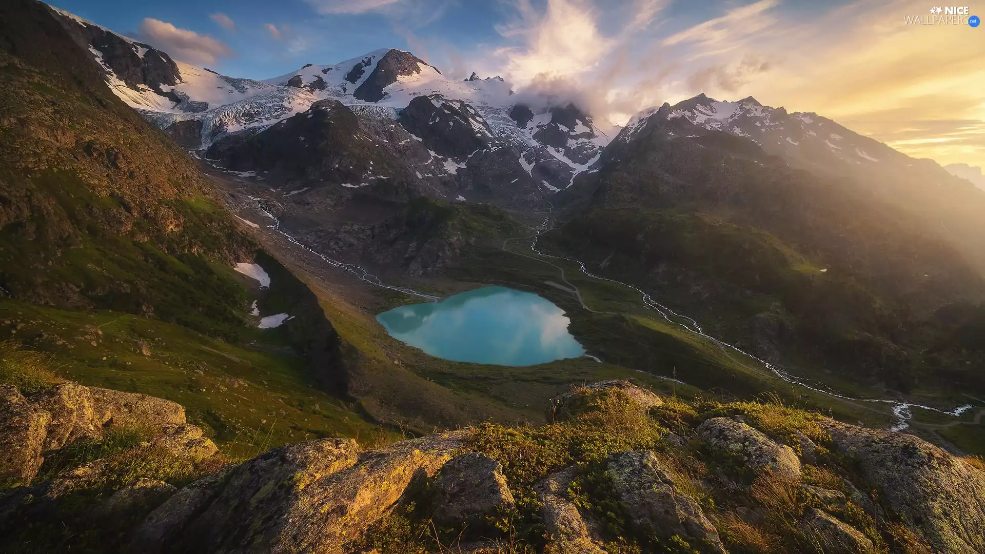 clouds, Switzerland, lake, Sunrise, Mountains