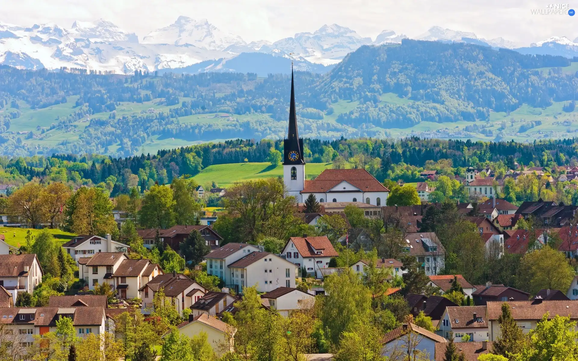 Town, mountains, Switzerland, ##