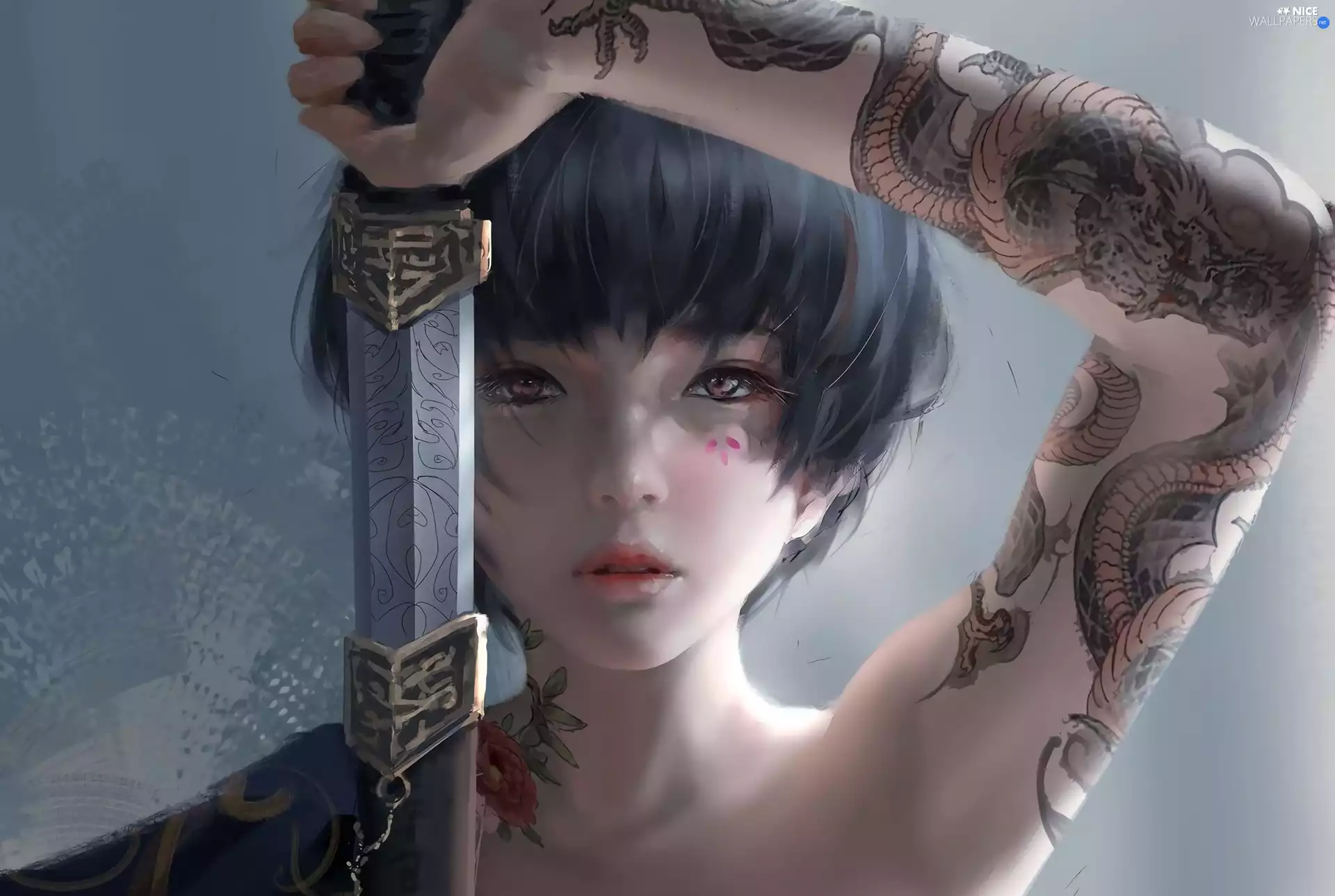 girl, tattoos, Paintography, sword
