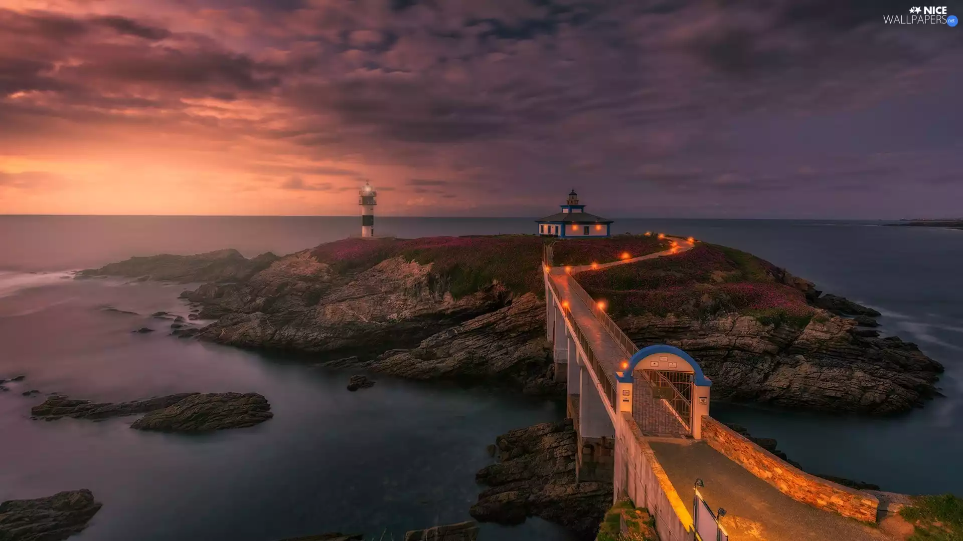 Ribadeo, Faro de Tabarca Lighthouse, sea, Isla Pancha Island, bridge, Spain, Great Sunsets
