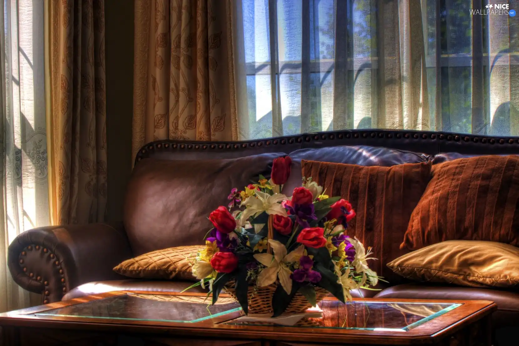 table, Window, flowers, couch, bouquet