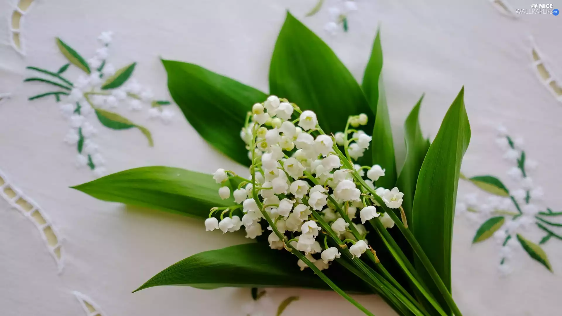 Embroidered, tablecloth, lilies, Leaf, Flowers