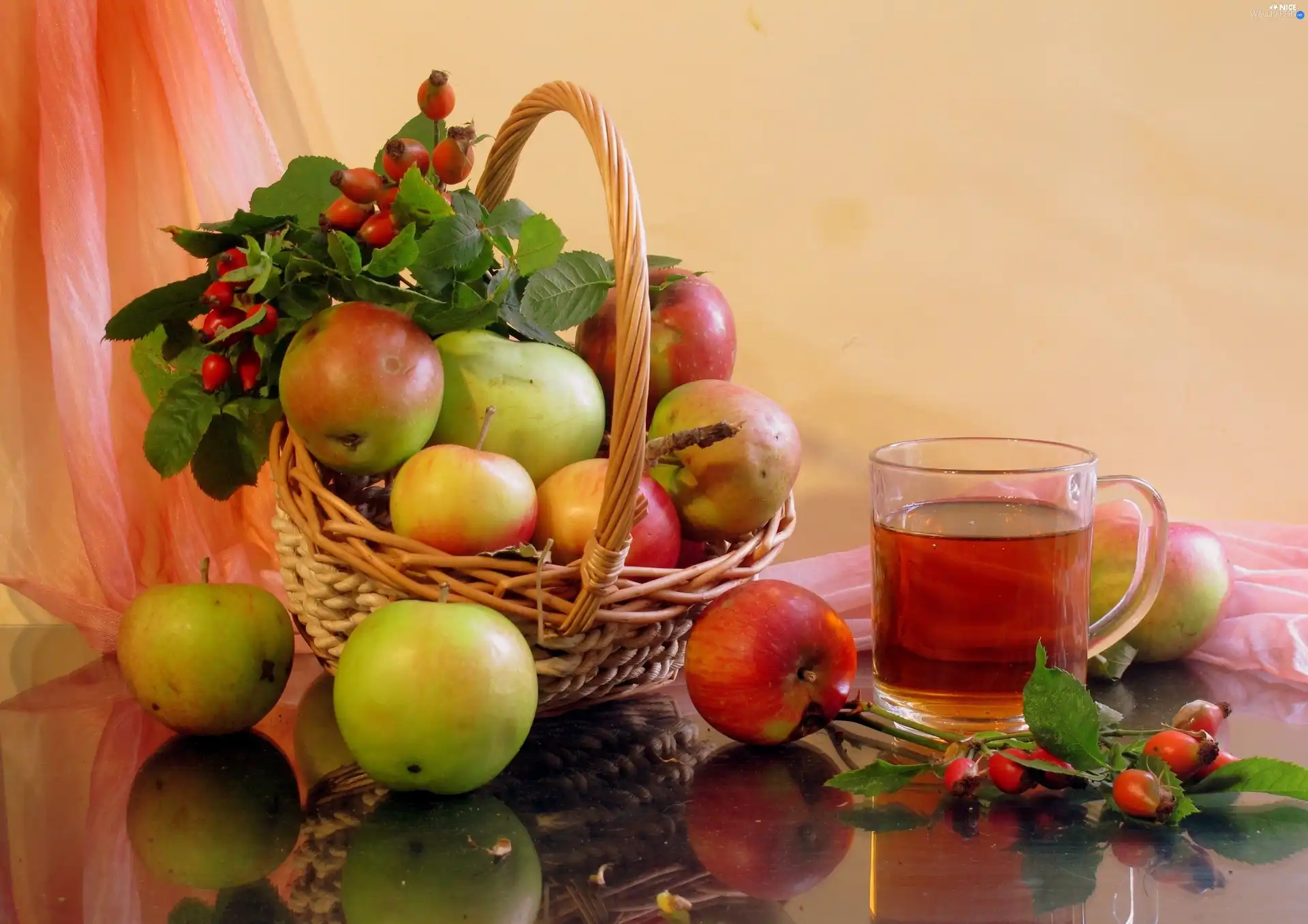 tea, basket, apples