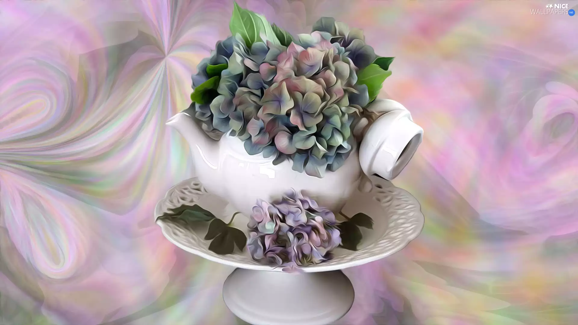 hydrangea, graphics, kettle, teapot, plateau, Flowers