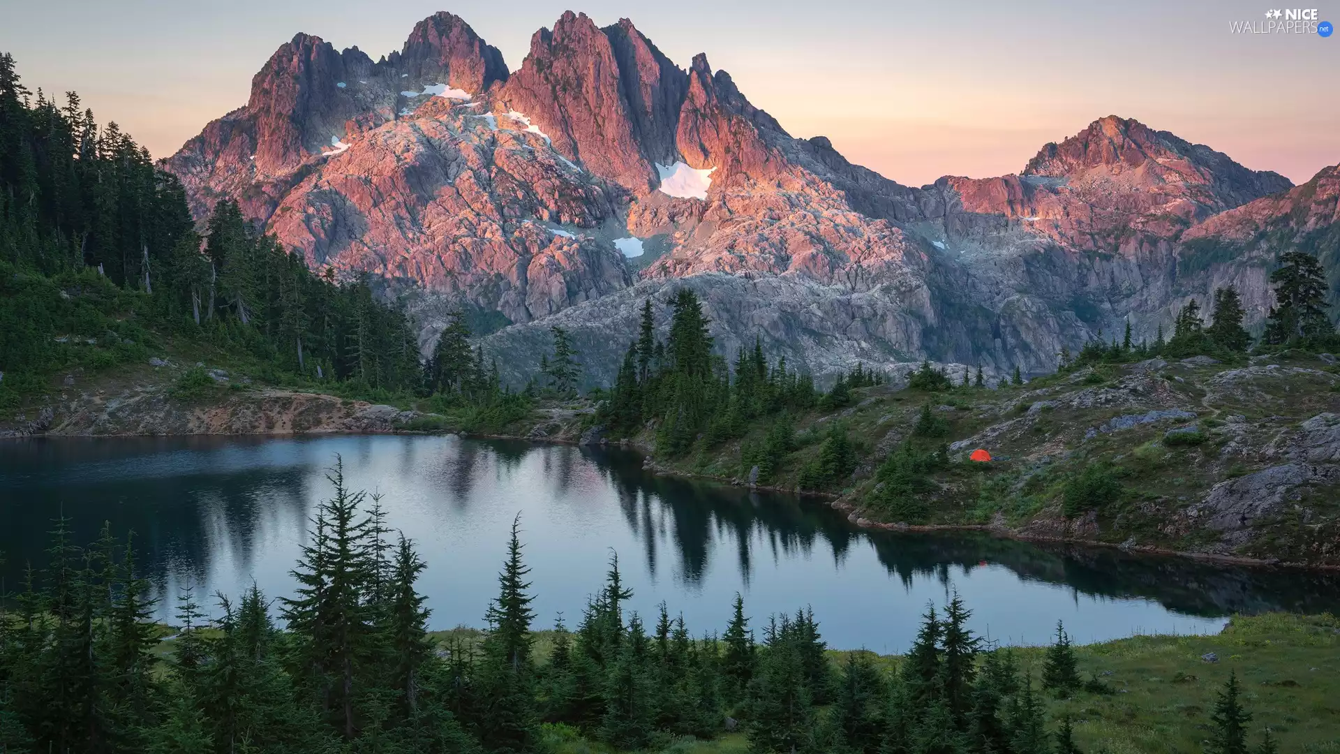 trees, Mountains, Orange, Tent, viewes, lake