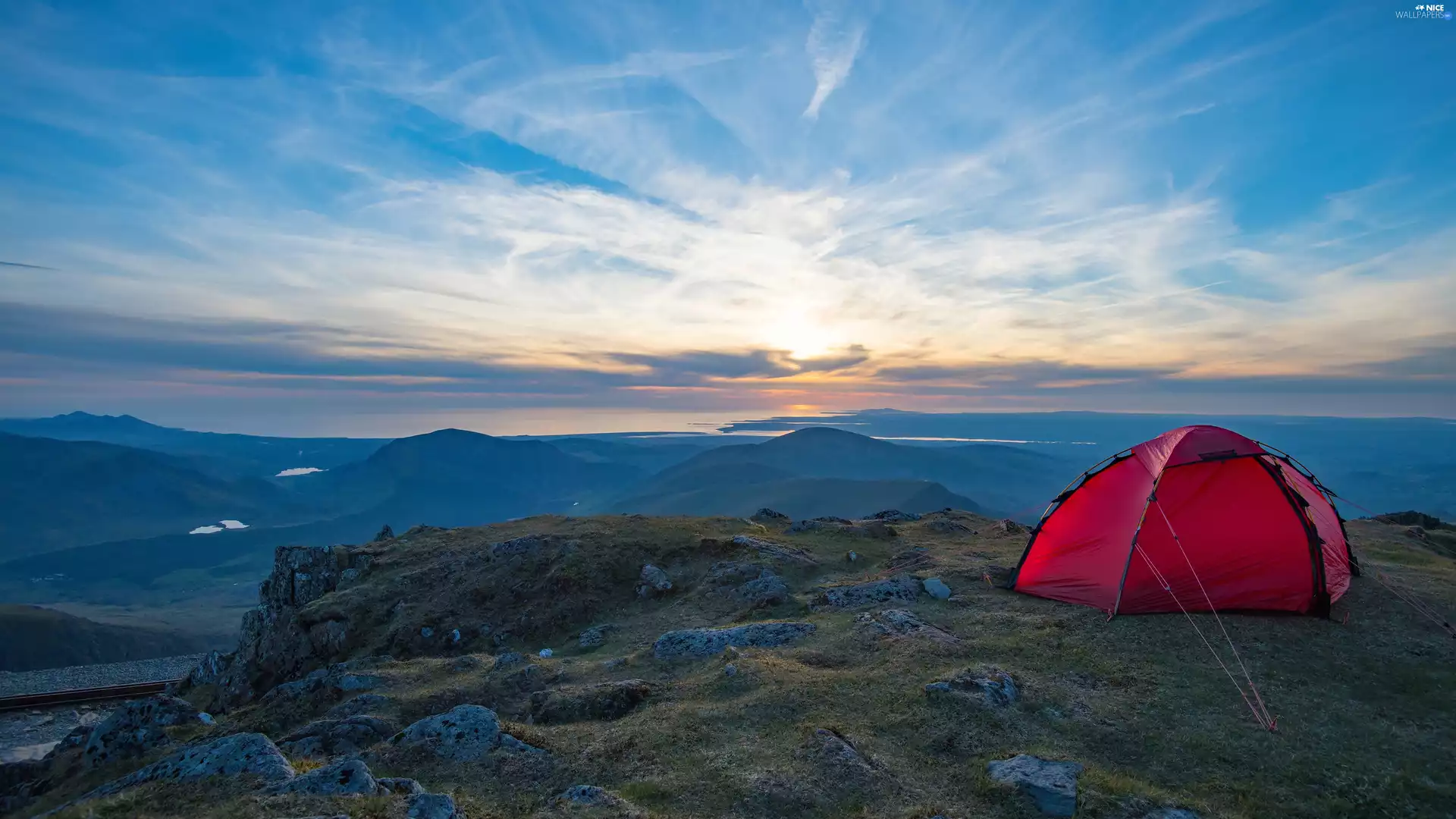 Mountains, lakes, Sunrise, Tent