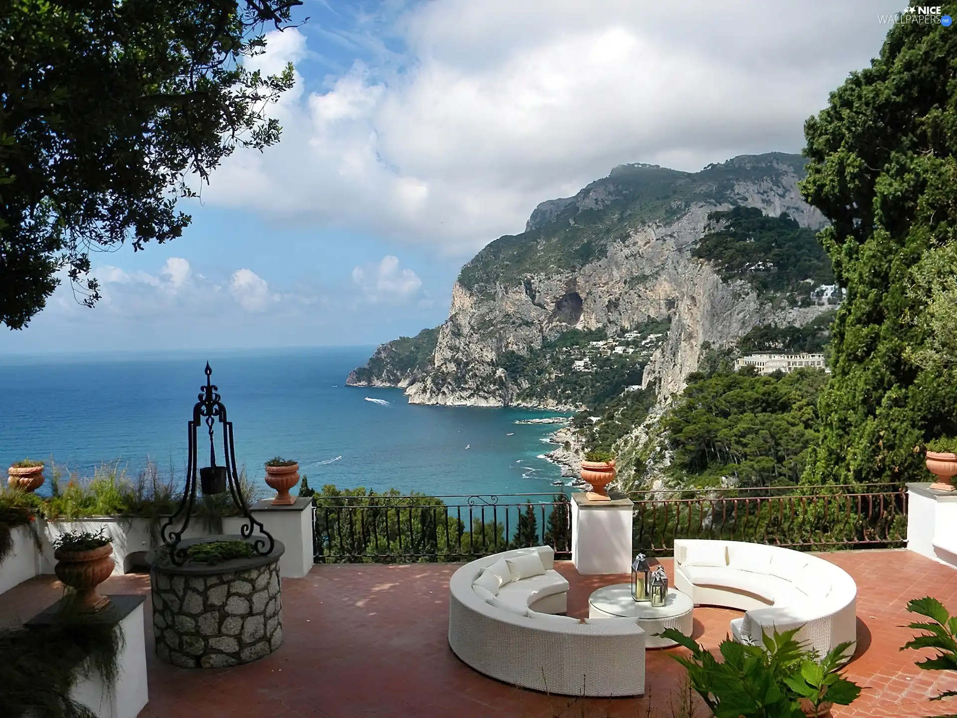 terrace, View, sea, Gulf, Mountains