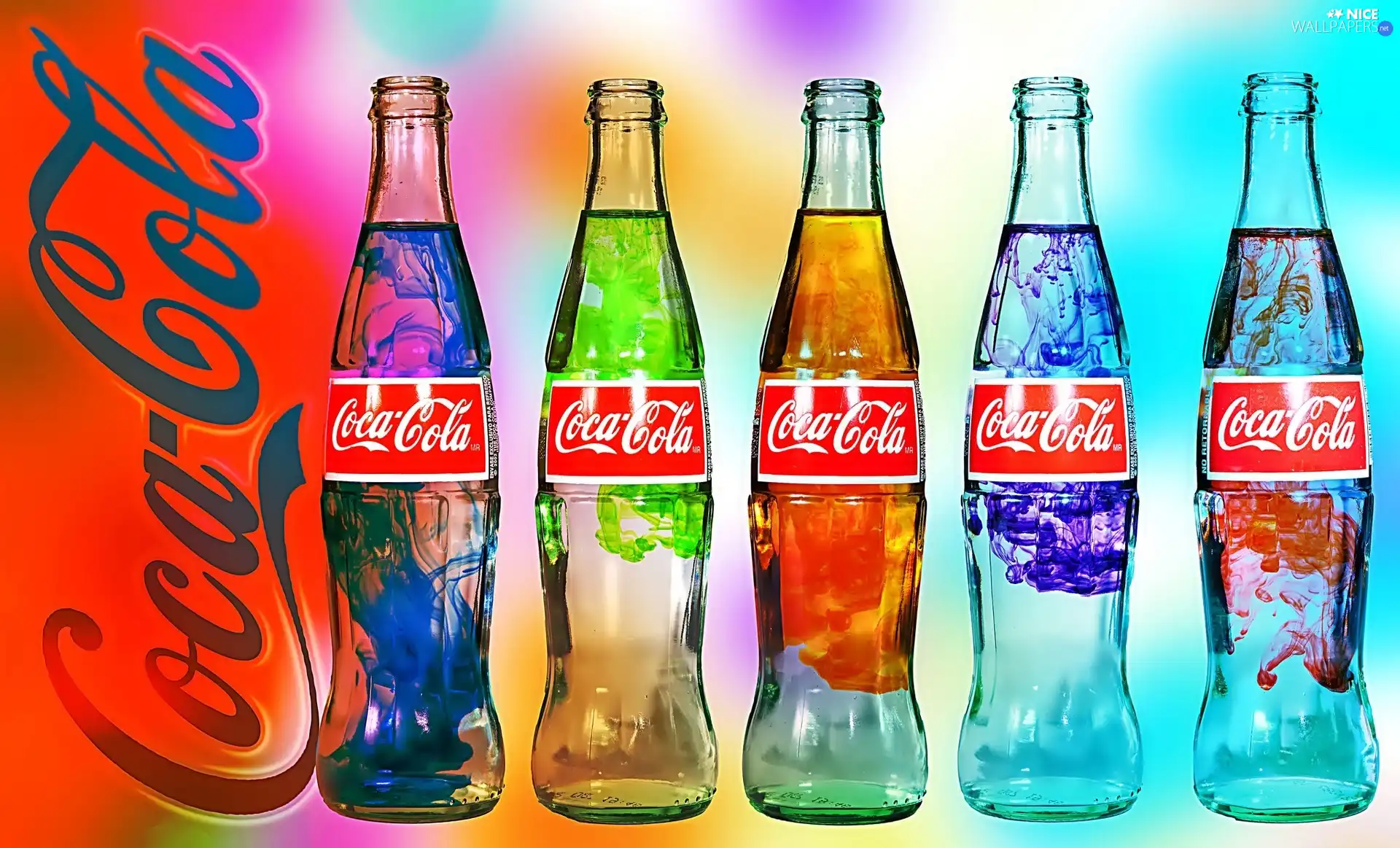 Coca-Cola, colors, text, Bottles