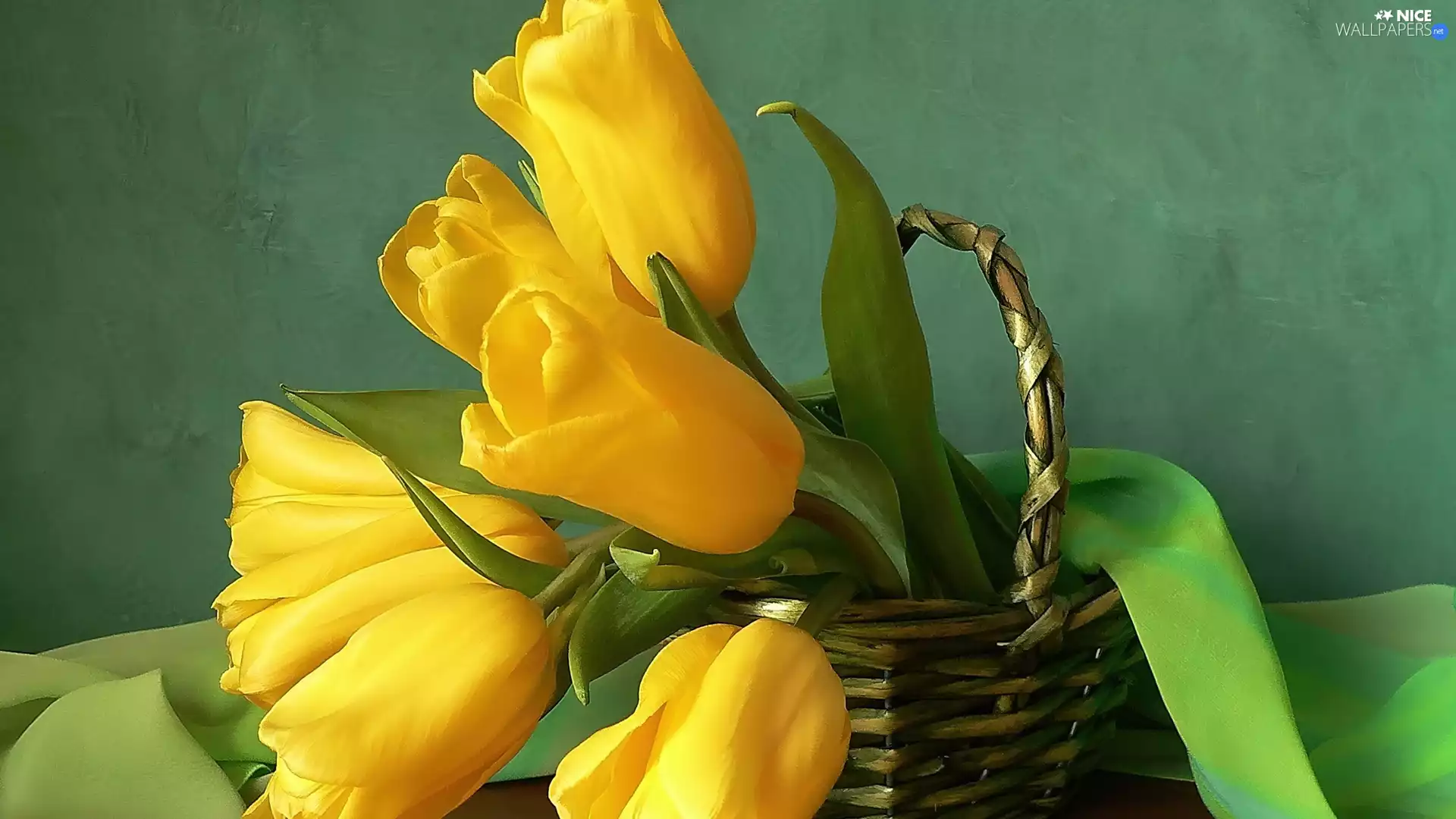 Green, textile, Tulips, basket, Yellow