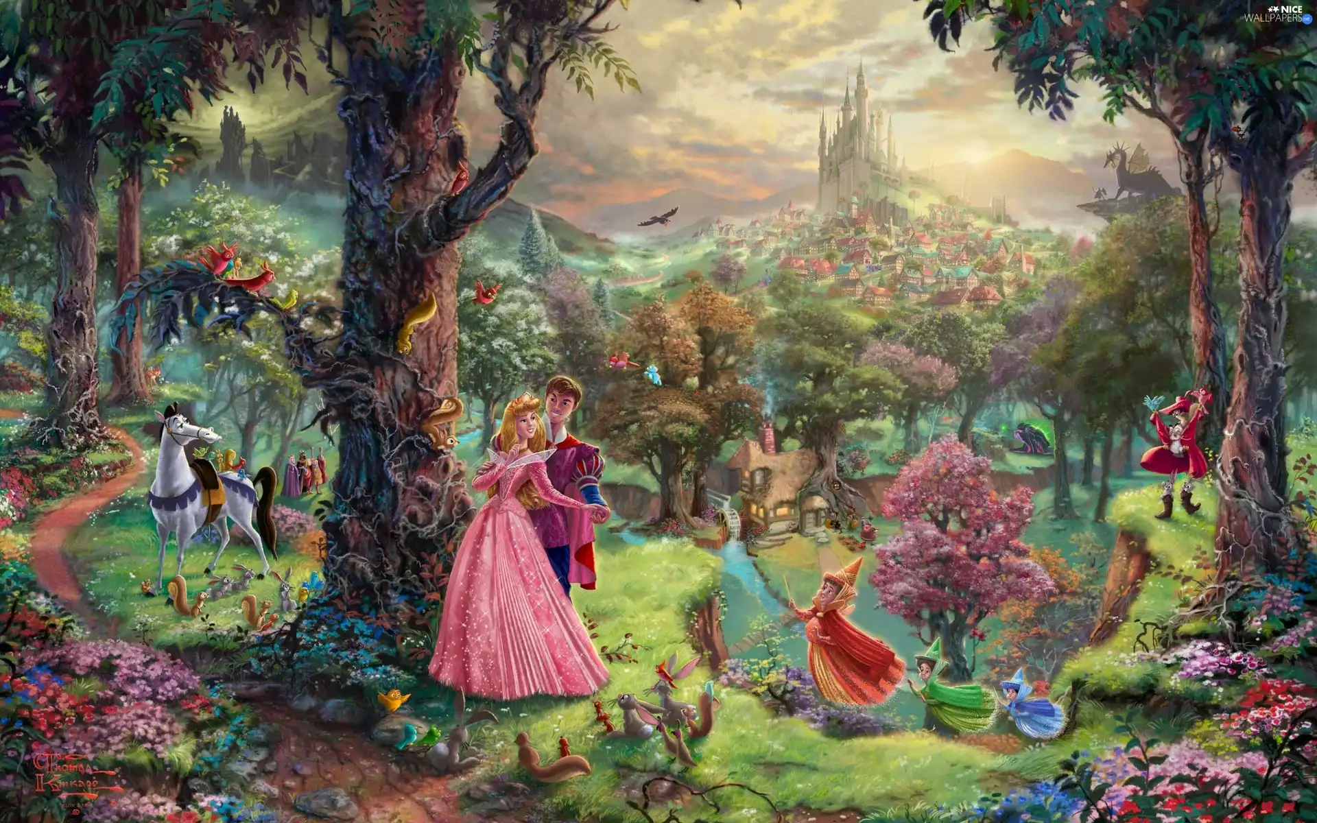 the sleeping beauty, Thomas Kinkade, fairies, forest, Sleeping Beauty, Disney