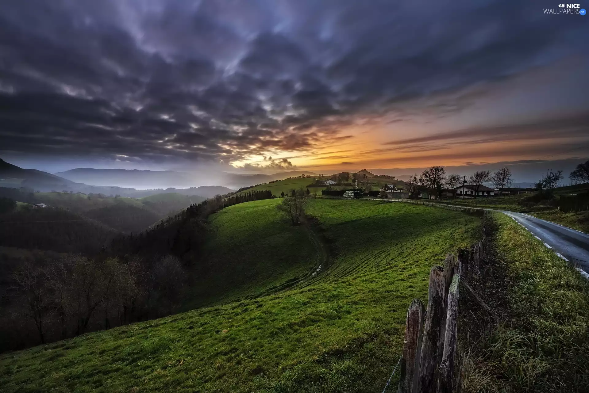The Hills, clouds, country, Clouds, Houses, fence, Way, Sky
