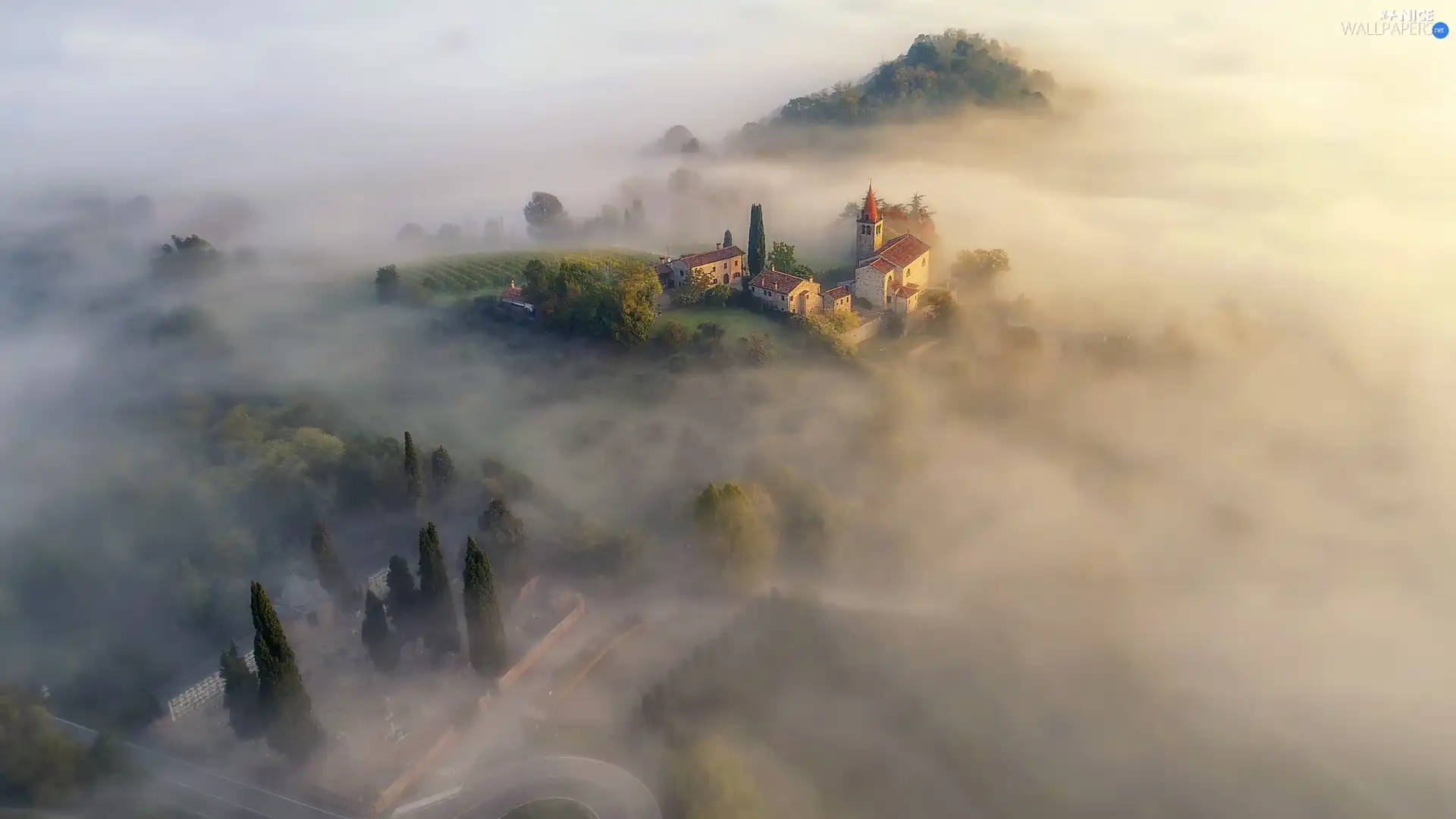 Houses, Tuscany, trees, Fog, Italy, The Hills, viewes
