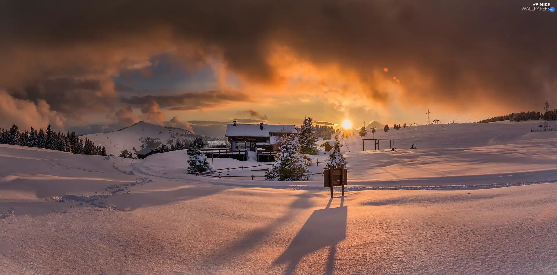 winter, house, The Hills, Great Sunsets