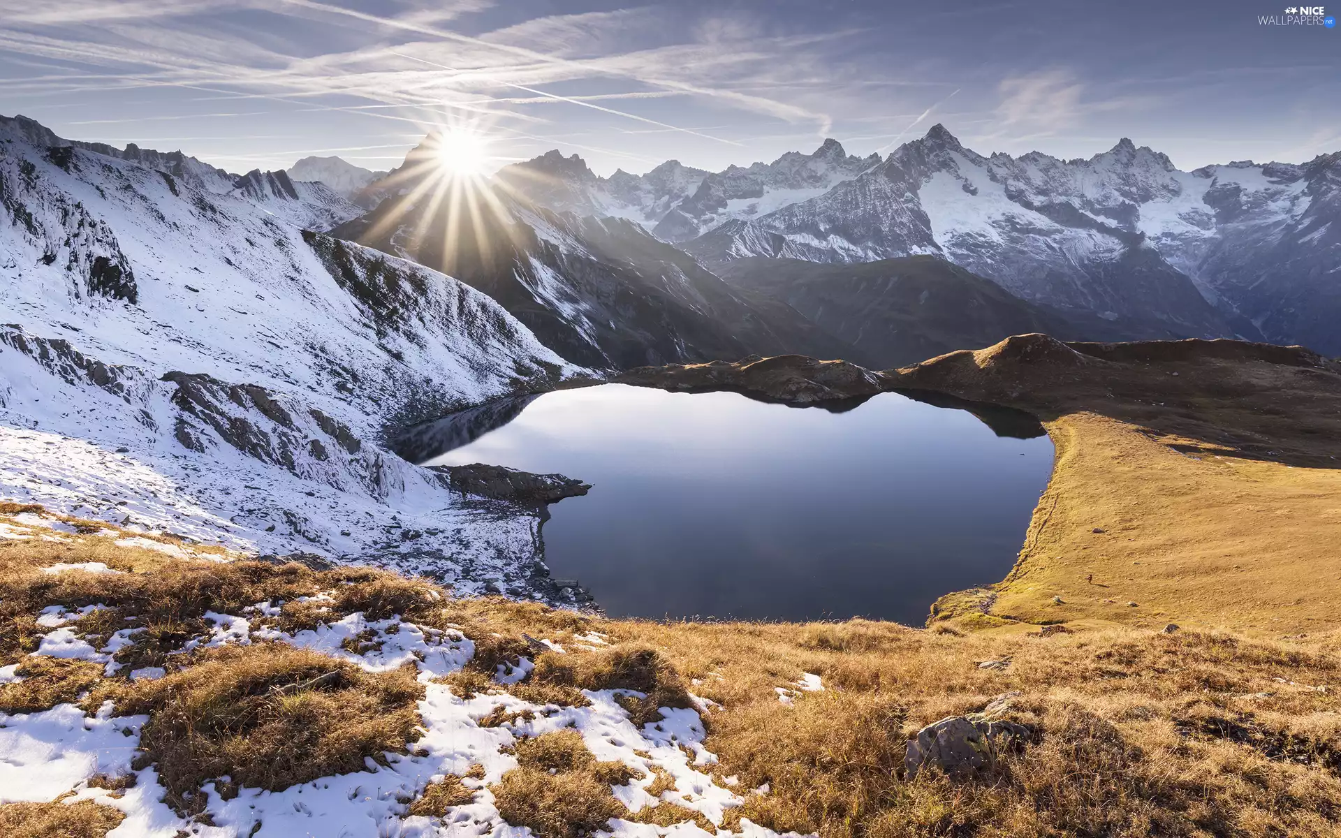 Mountains, rays of the Sun, Yellowstone National Park, Heart Lake, The United States
