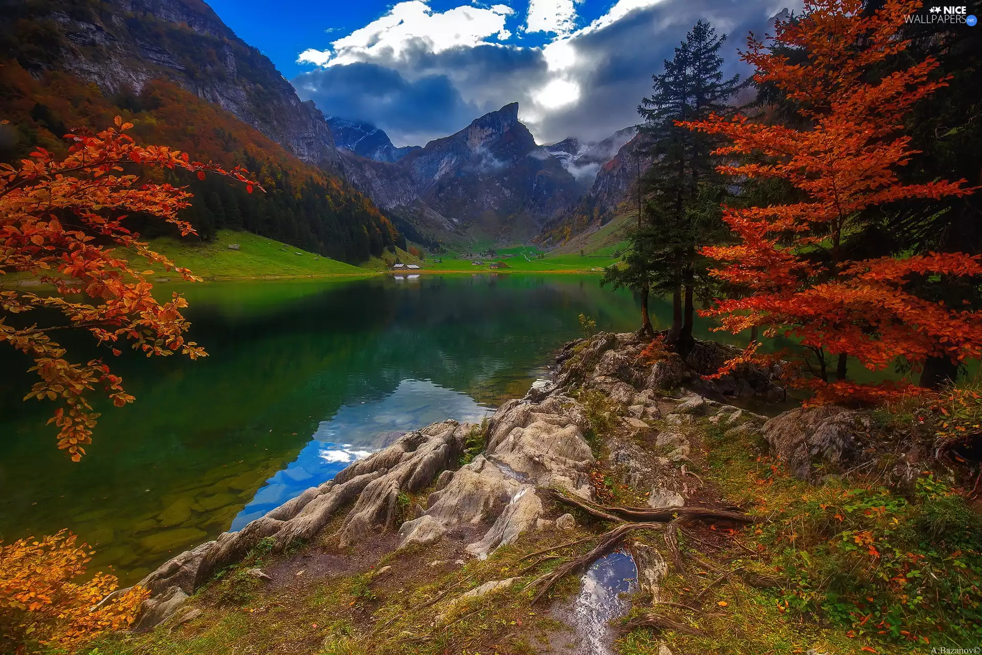 Houses, Alps Mountains, viewes, car in the meadow, lake, trees, autumn
