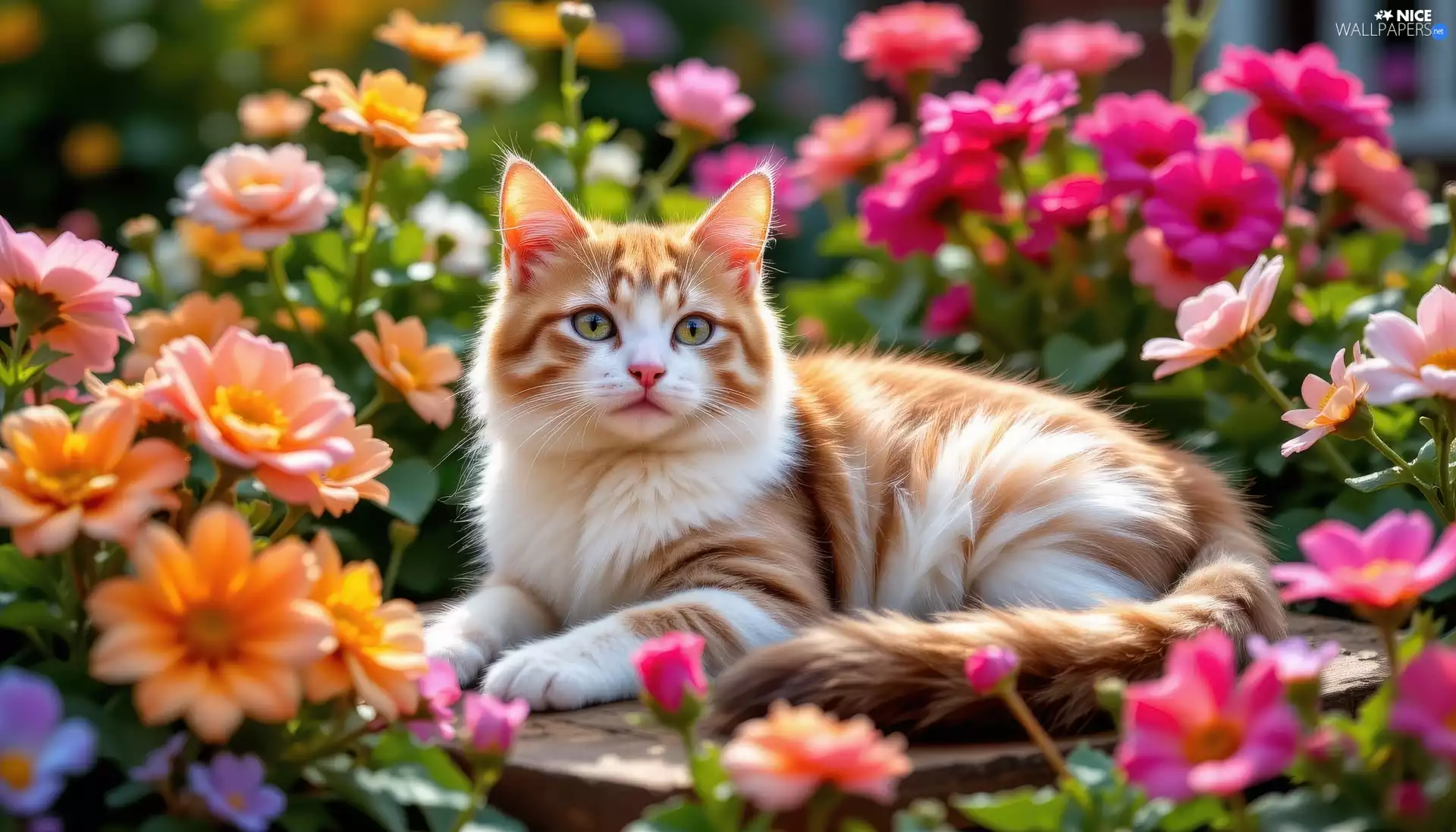white and red, The look, Flowers, cat