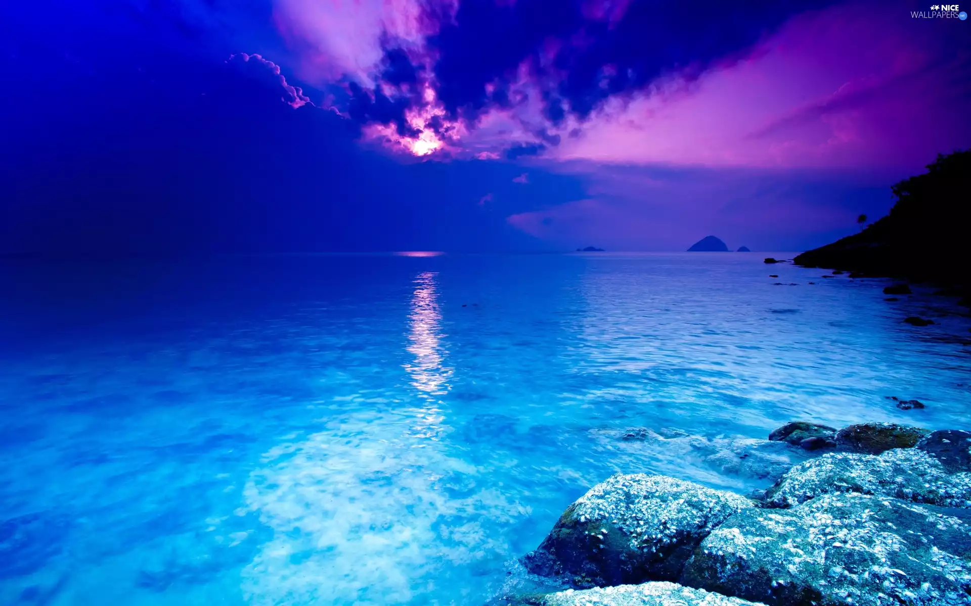 sun, rocks, clouds, The setting, sea