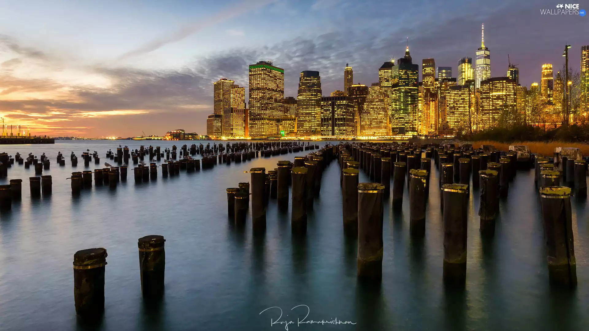 New York, Pins, The United States, East River Strait, skyscrapers, Brooklyn, Manhattan, illuminated