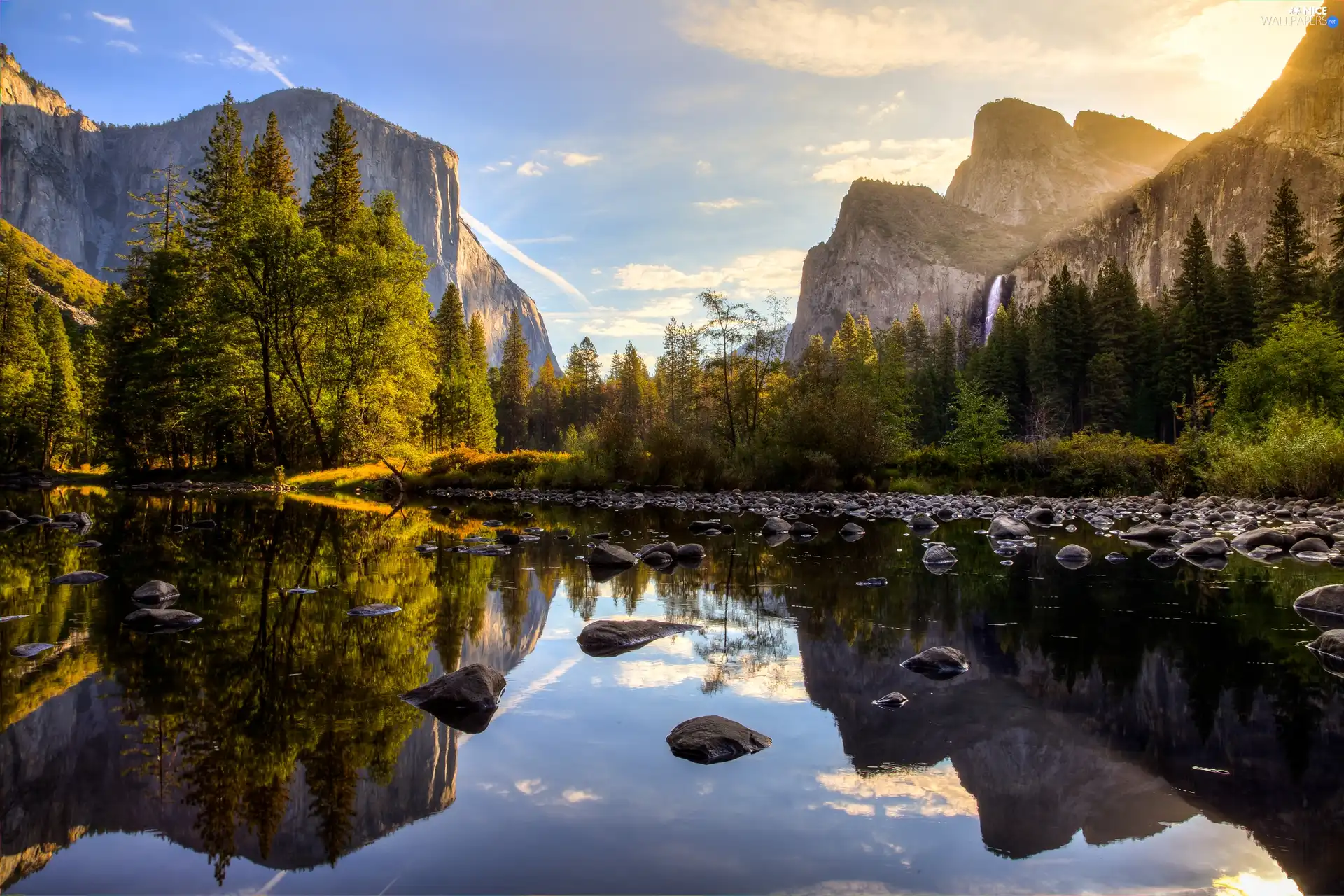 Yosemite National Park, Mountains, viewes, River, trees, State of California, The United States, Stones