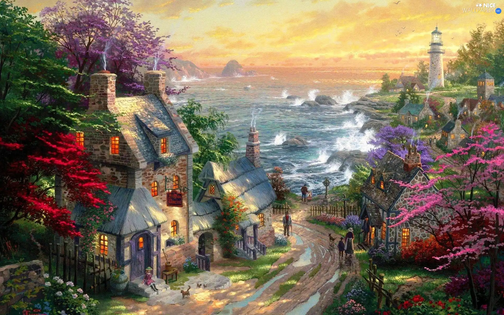 Houses, Lighthouses, Thomas Kinkade, Coast