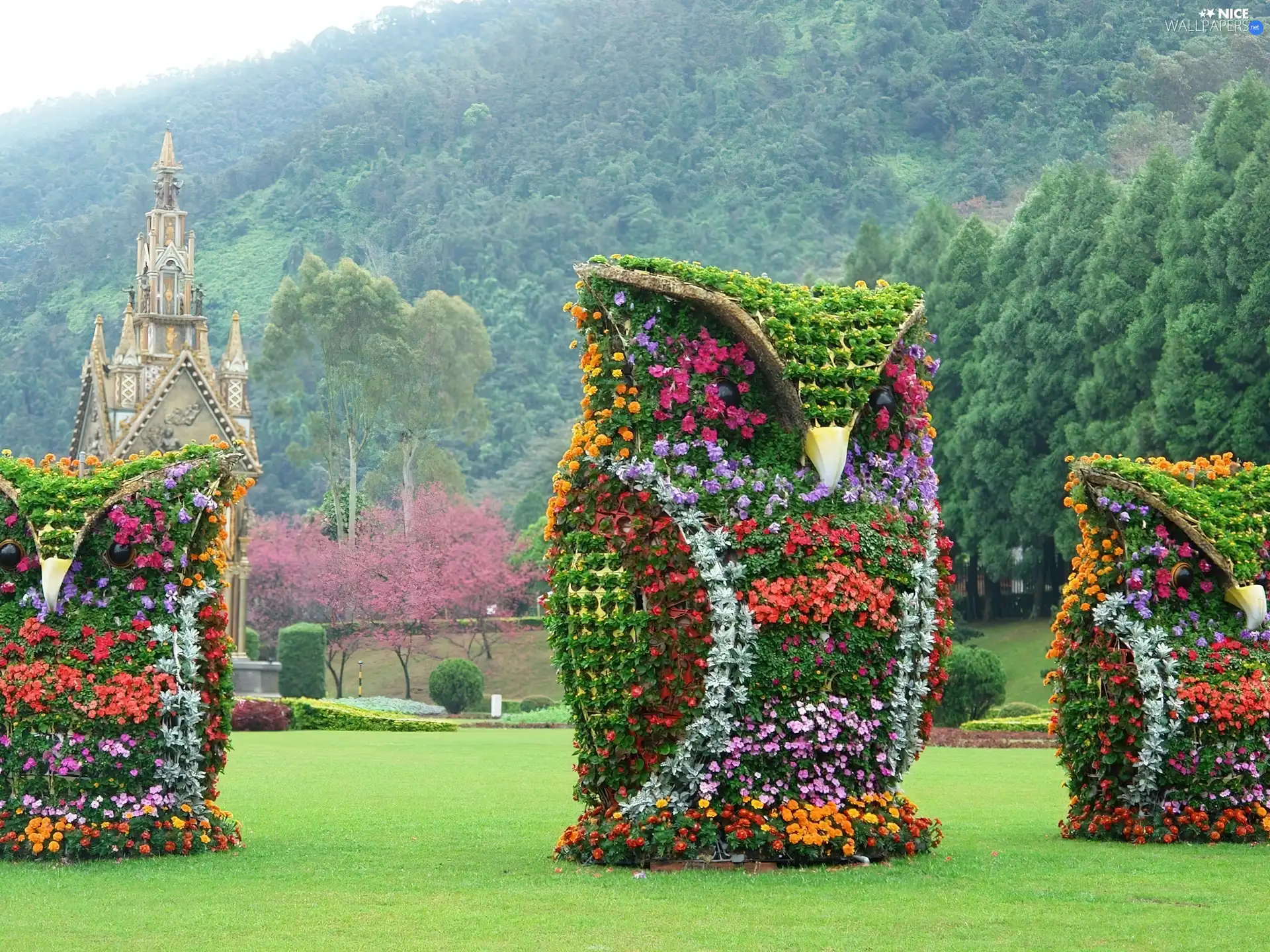 Three, Owls, decoration, Flower, Garden