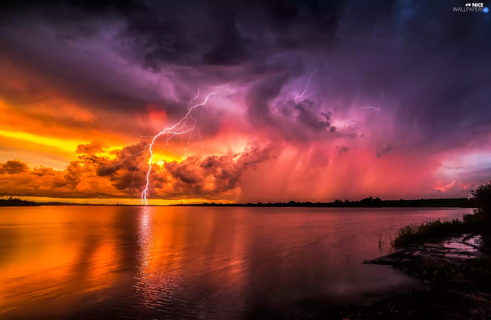lake, thunderbolt, Storm, clouds, summer