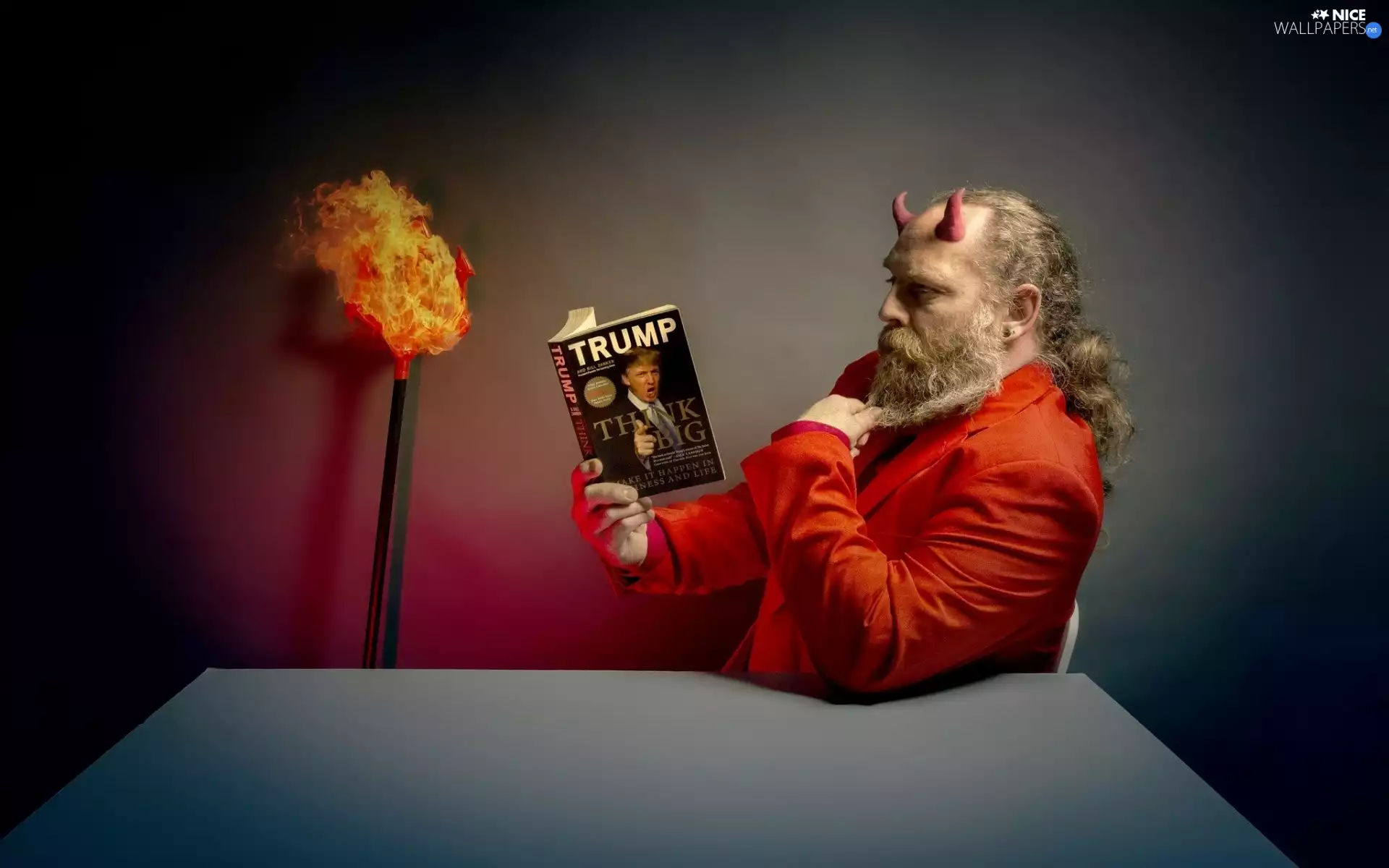 trident, Book, horns, torch, a man