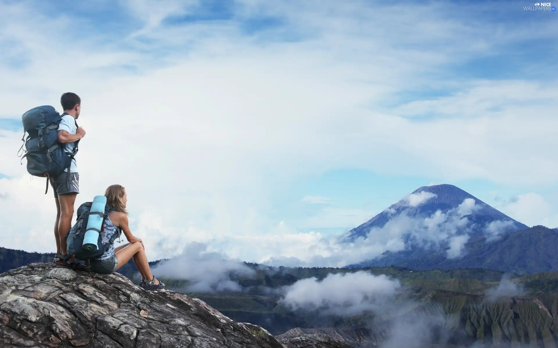 Mountains, rocks, Tourists, clouds