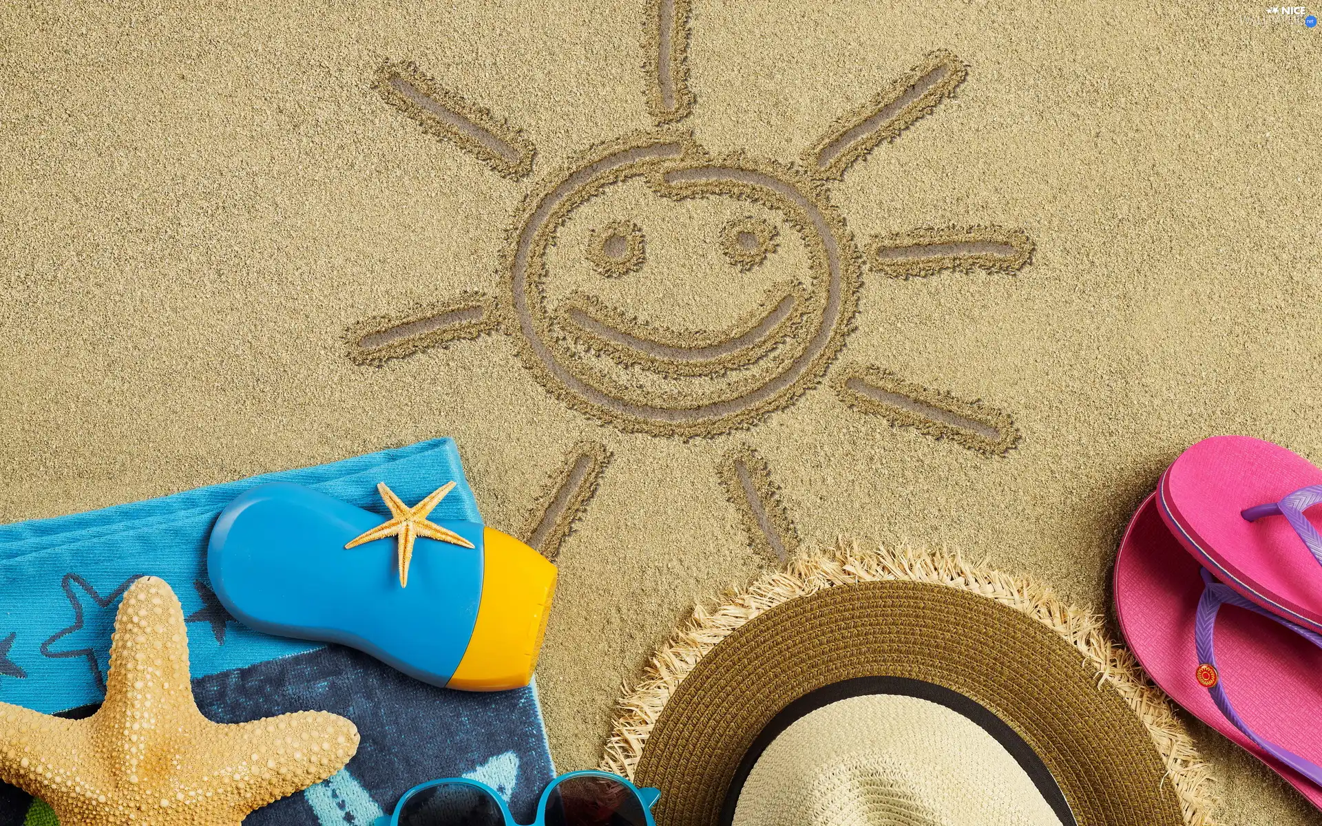 Flaps, Sand, starfish, Hat, summer, Towel, holiday
