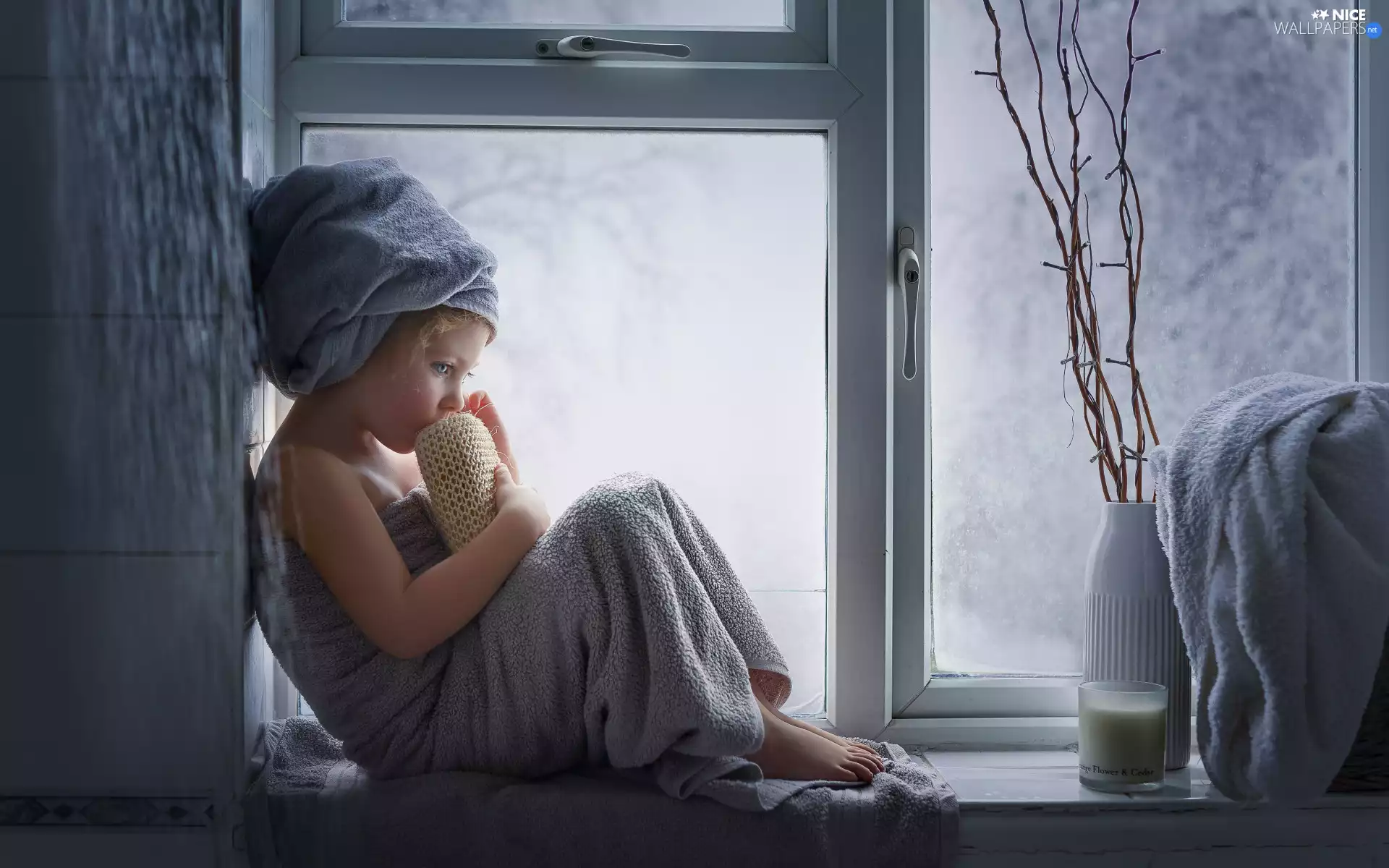 Vase, girl, bath, Towels, Twigs, Window