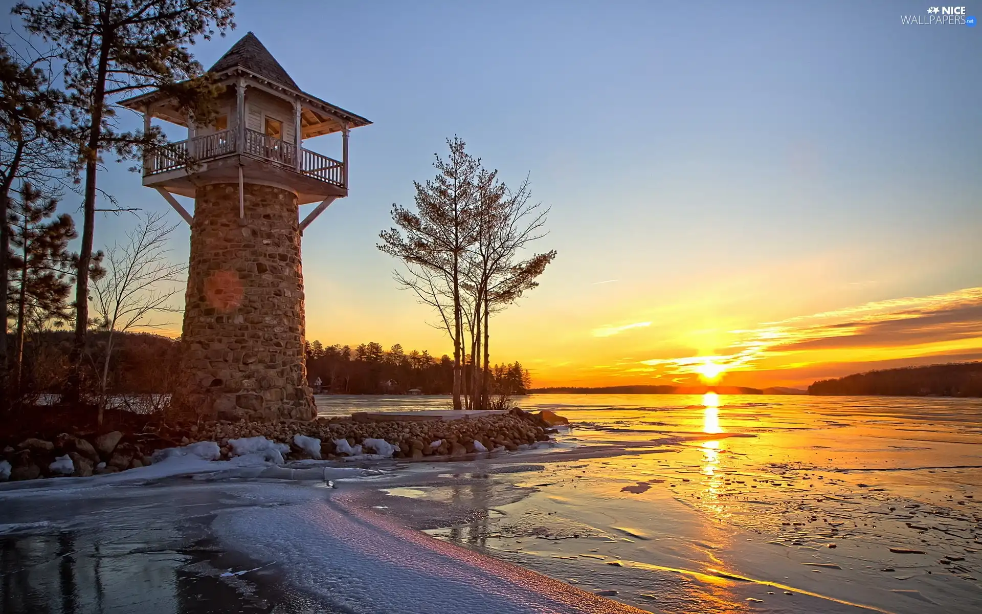 lake, sun, tower, west