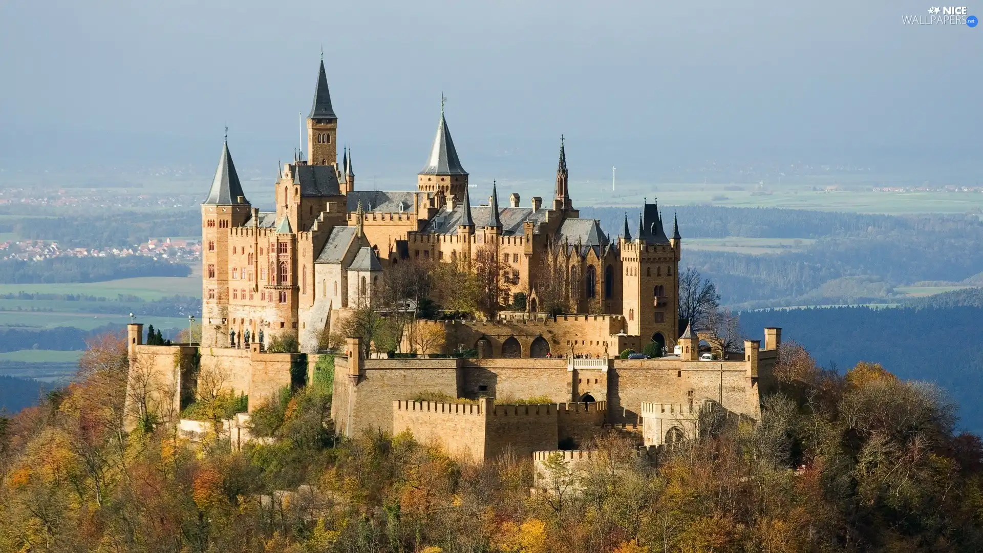 Germany, Hohenzollern, trees, Stuttgart, Castle, Towers, viewes