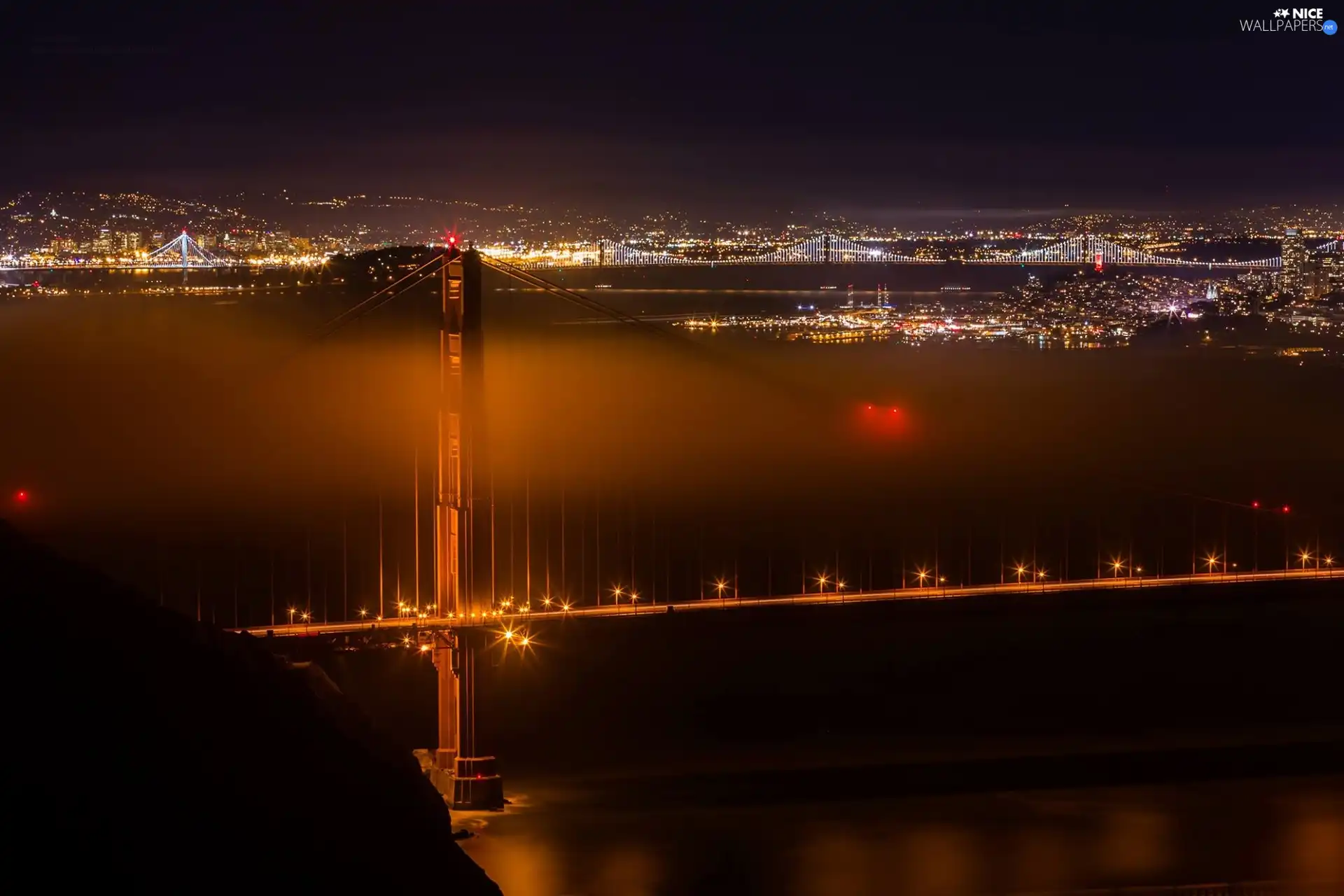 bridge, illuminated, Town, Night