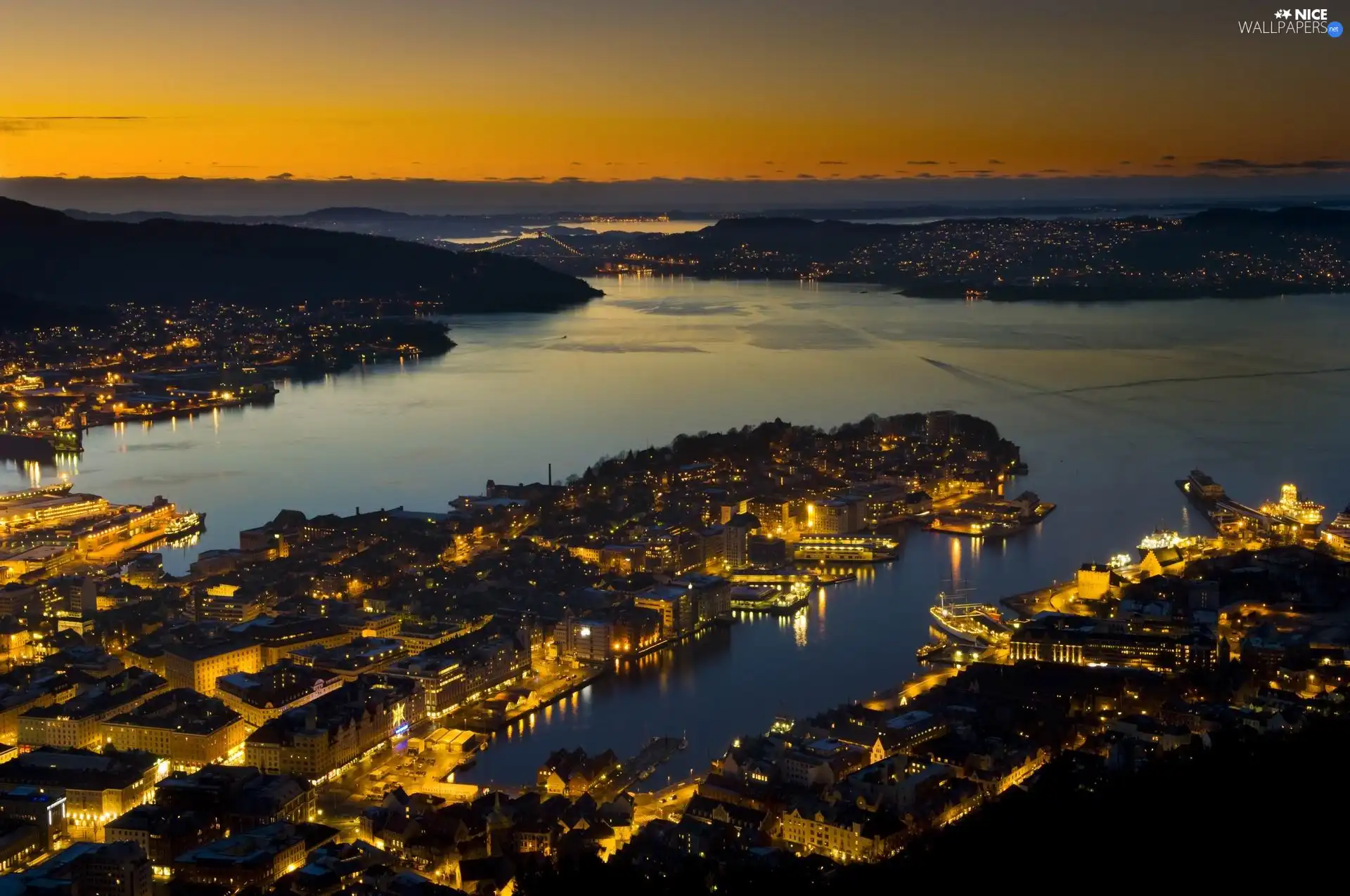 Town, Gulf, Night, panorama, Bergen