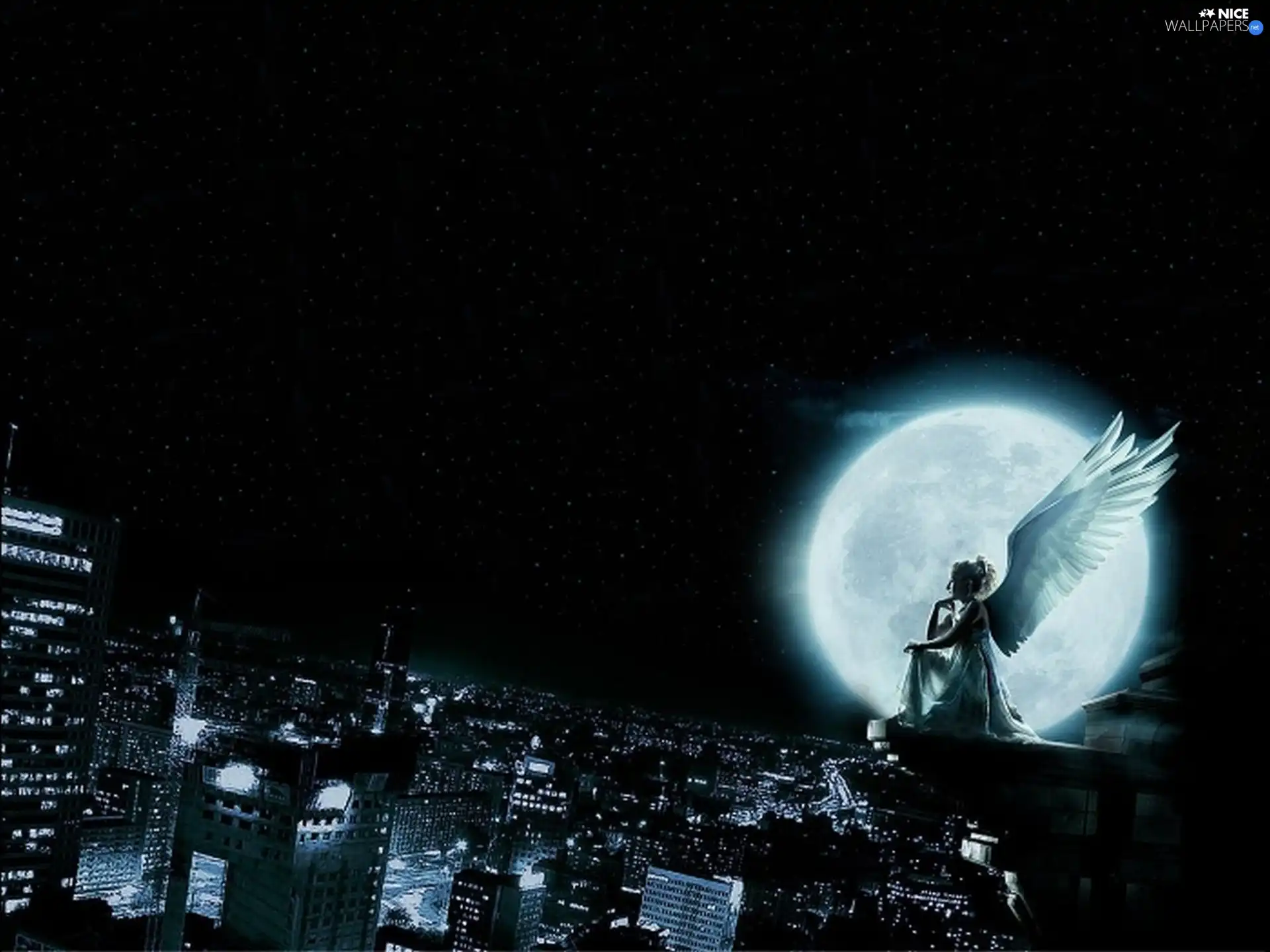Town, angel, moon