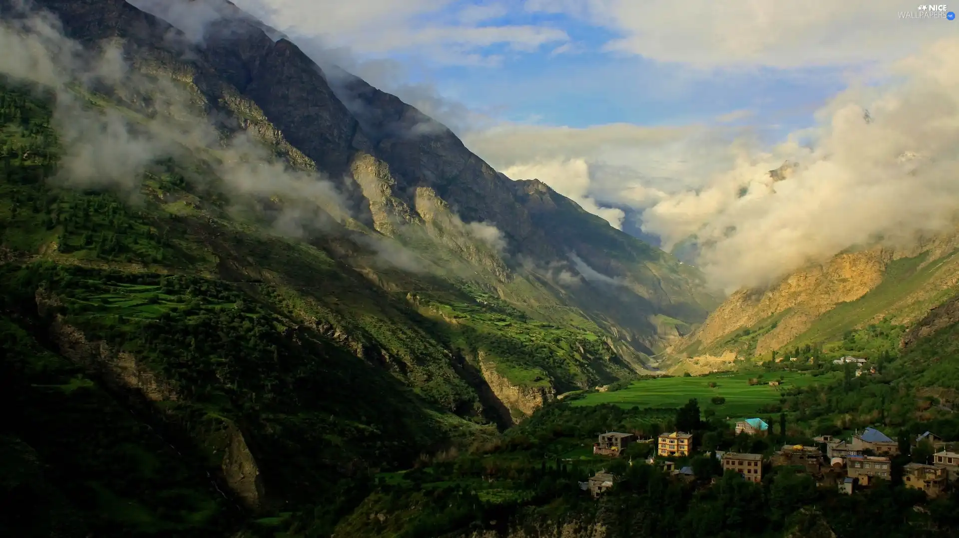 Town, clouds, Mountains