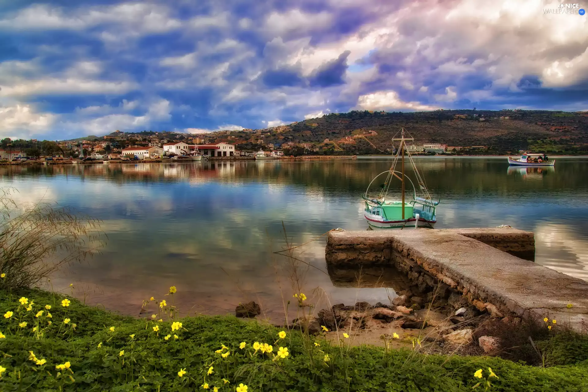 panorama, town, Mountains, Boats, lake