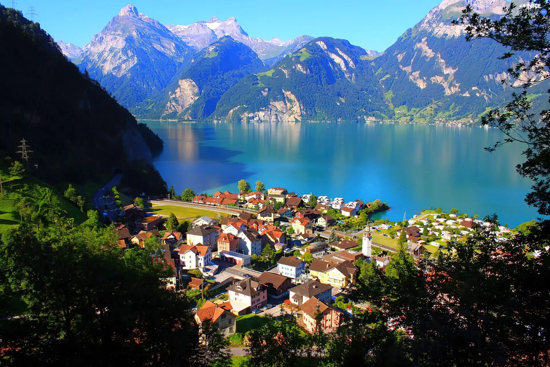 Mountains, lake, Town, woods