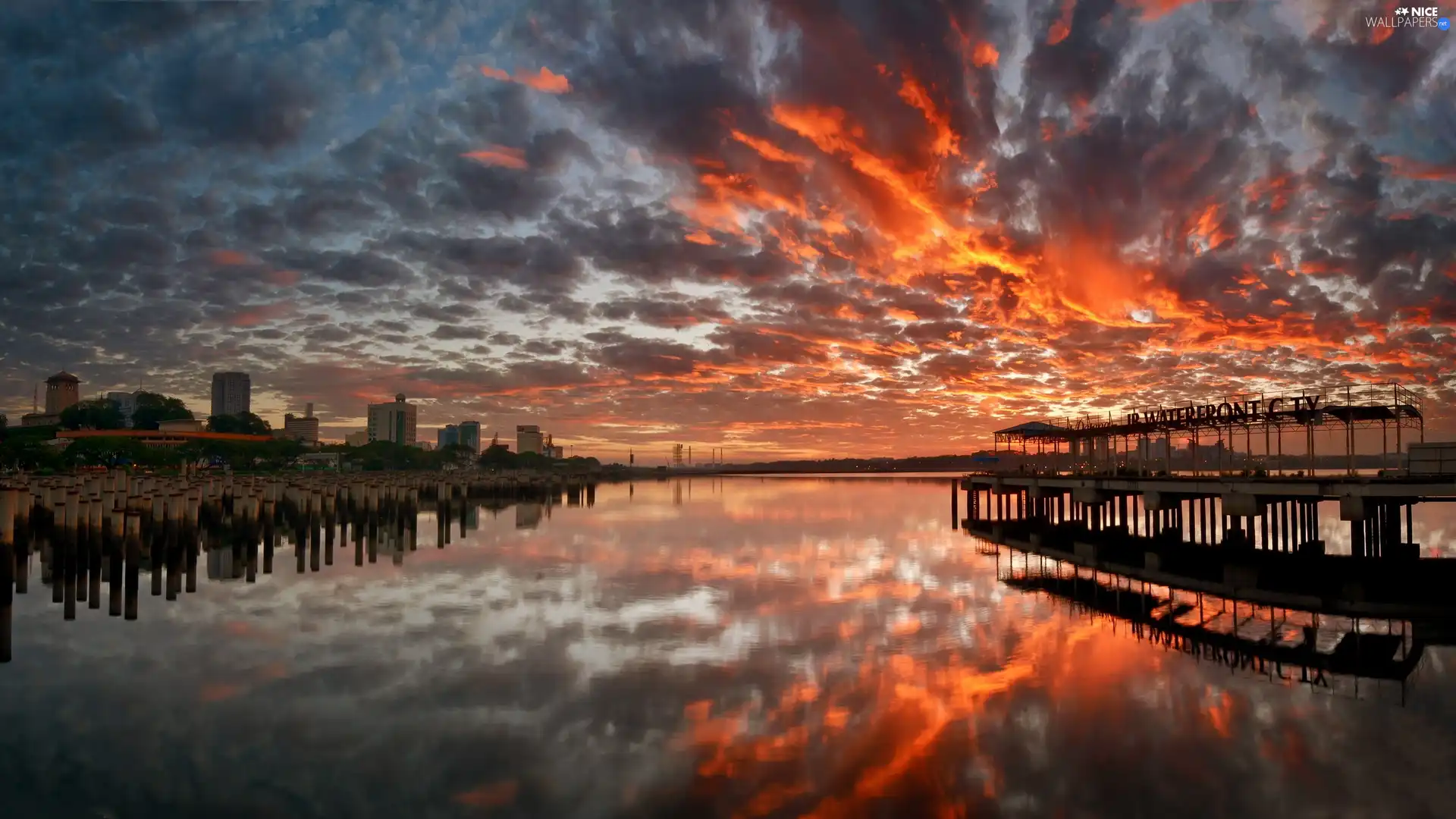 lake, west, Town, night, Houses, sun