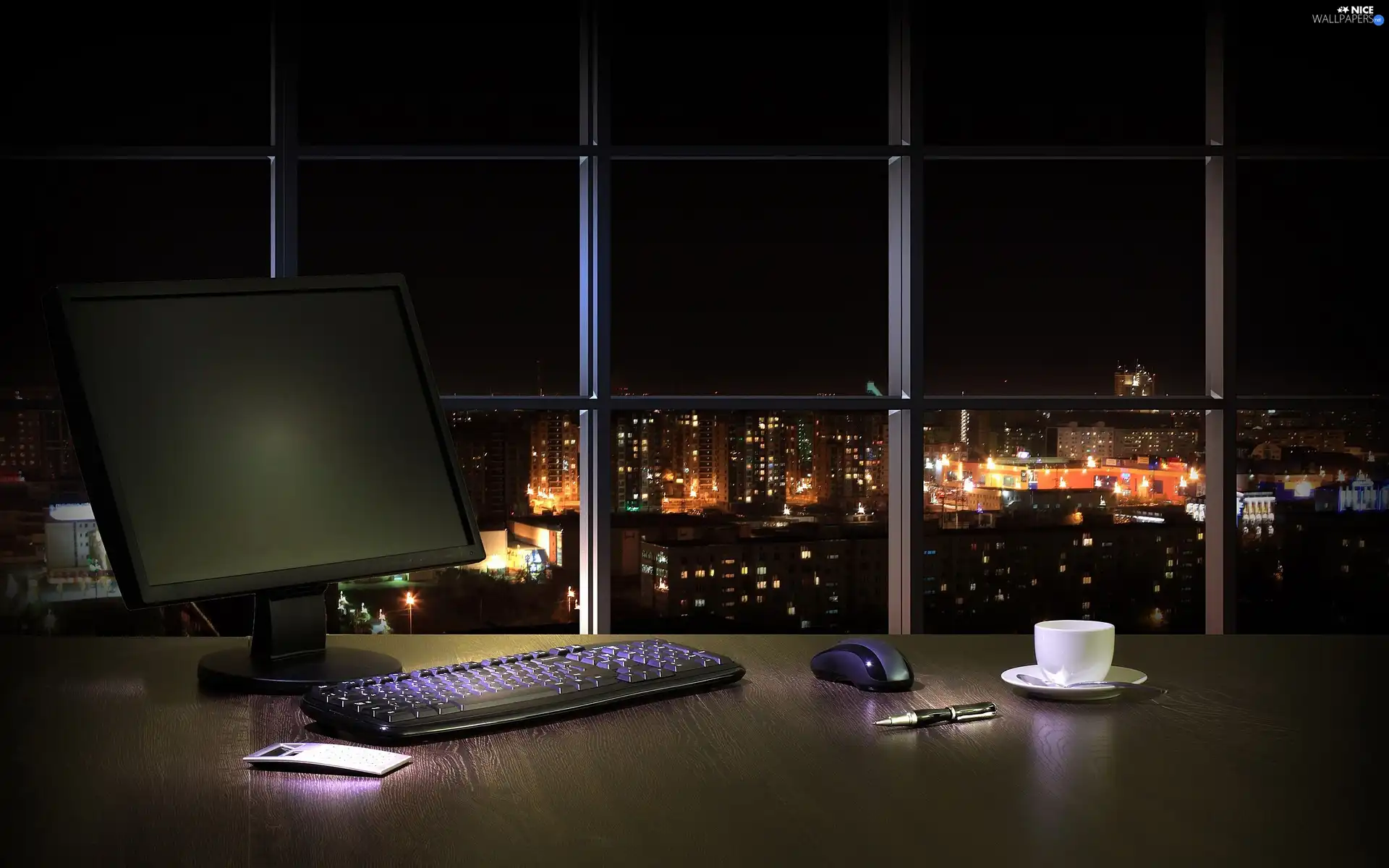 Town, Night, desk, laptop, interior