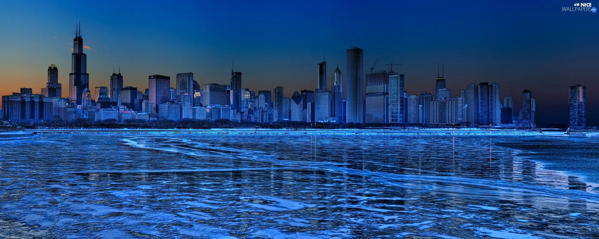 Town, night, clouds, water, skyscrapers