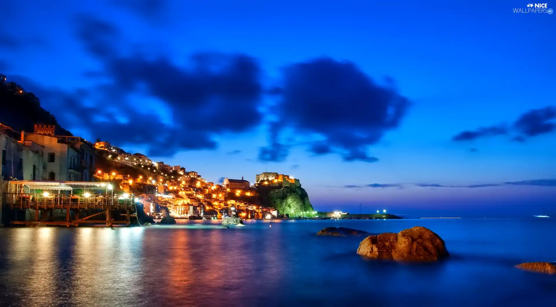 sea, illuminated, Town, Hill