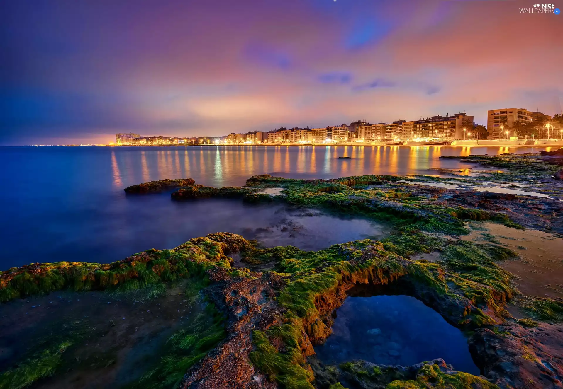 Spain, Night, Coast, Town