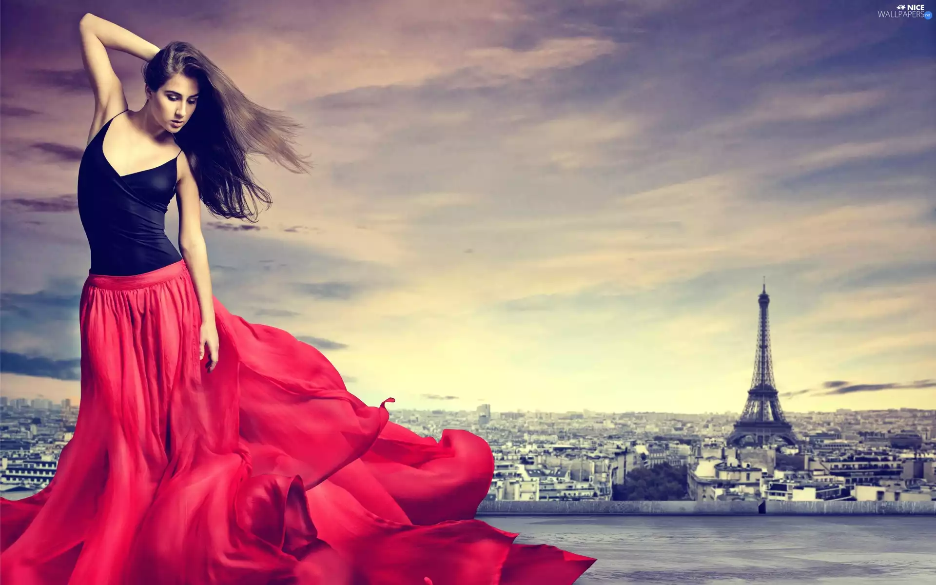 Eiffla, Women, panorama, town, Paris, tower